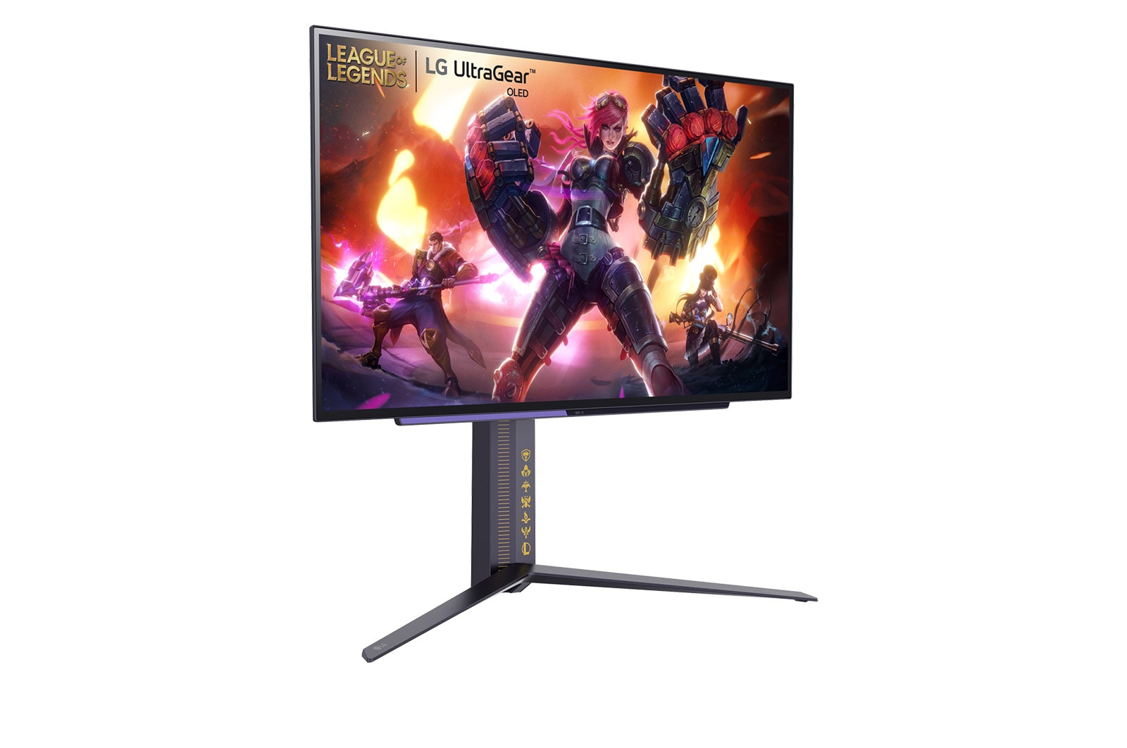 LG UltraGear Monitor, der eine League of Legends-Spielszene zeigt. Es steht auf einem schwarzen Ständer. Der Hintergrund ist weiß.