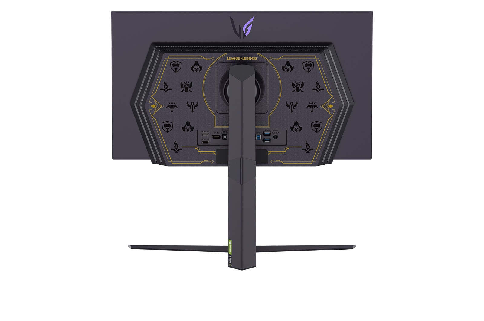 Rückansicht eines schwarzen LG-Monitors. Er hat einen Ständer und eine gemusterte Rückseite mit League of Legends-Motiv.