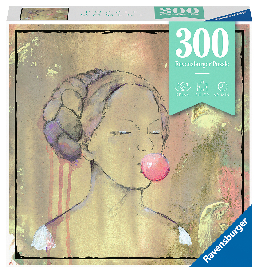 Puzzledose mit einer Skizze einer Frau, die eine rosa Blase bläst. Der Hintergrund ist beige und gold, mit einem grünen Etikett.