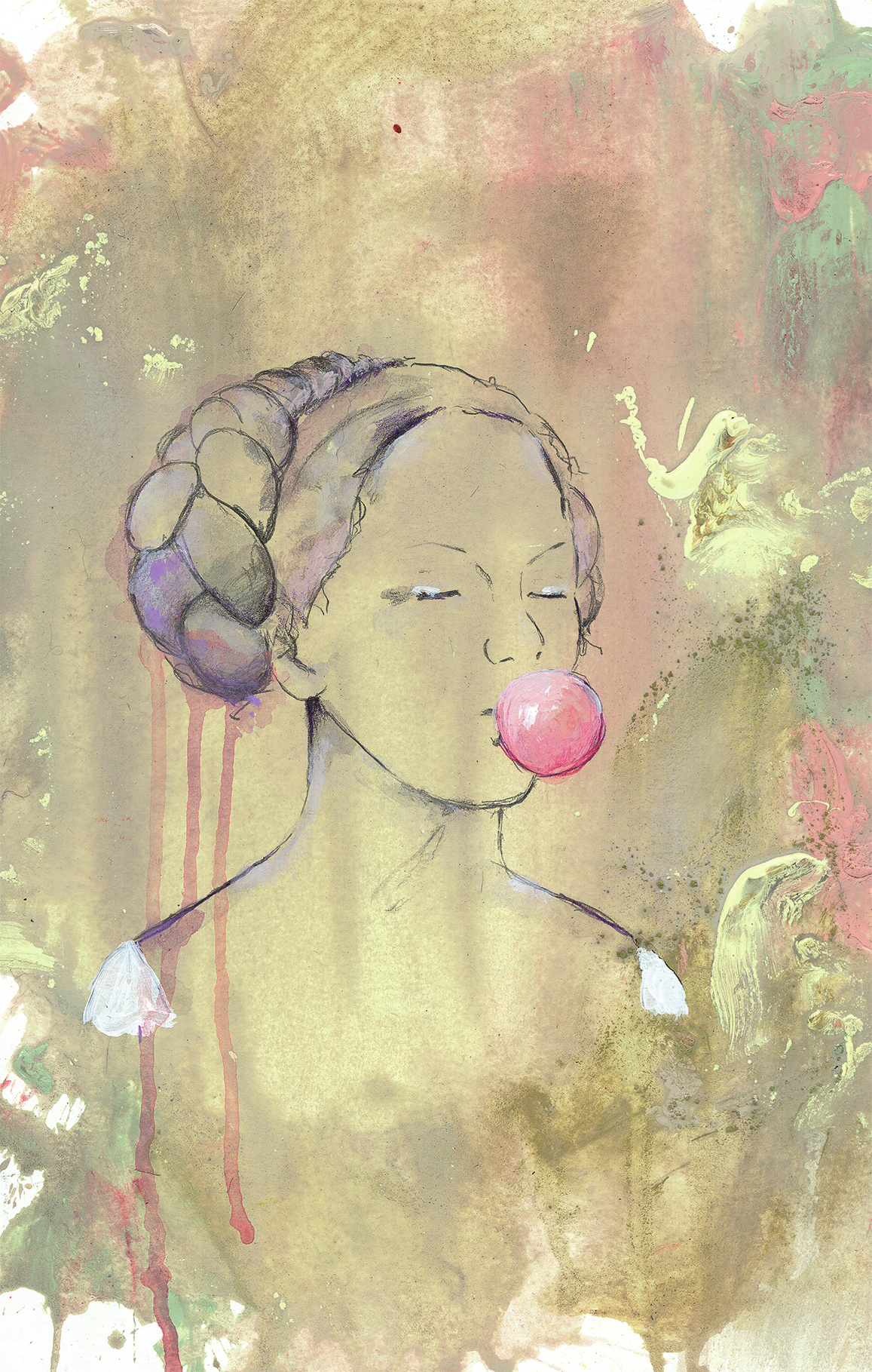 Illustration einer Frau, die einen rosa Kaugummi bläst. Sie hat einen geflochtenen Dutt. Der Hintergrund ist abstrakt mit Farben.