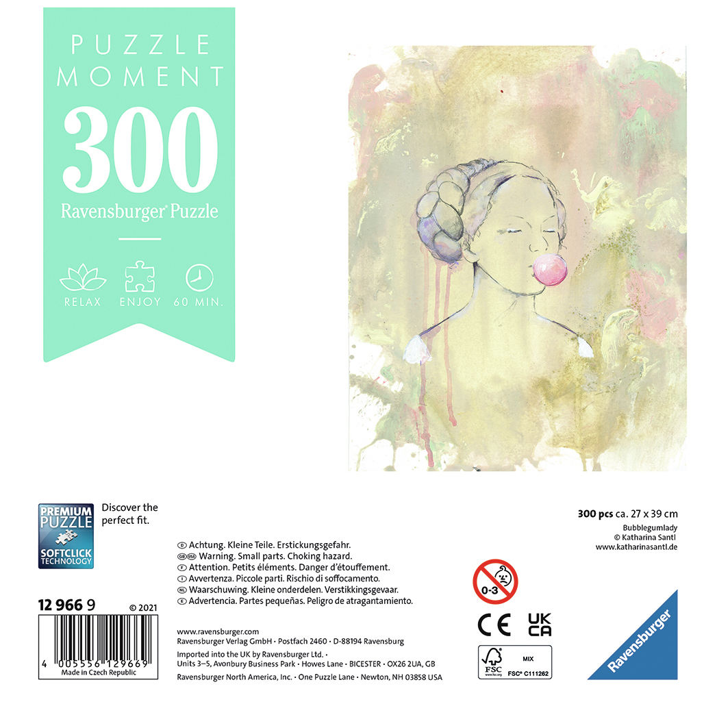 Puzzledose mit Kunstwerk einer Frau, die eine Blase bläst. Text enthält '300', 'Ravensburger' und Sicherheitshinweise.