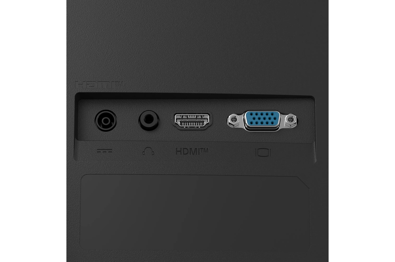 Zbliżenie tylnego panelu czarnego monitora. Zawiera porty audio i wideo: gniazdo audio, HDMI, VGA i inne. Porty są oznaczone.