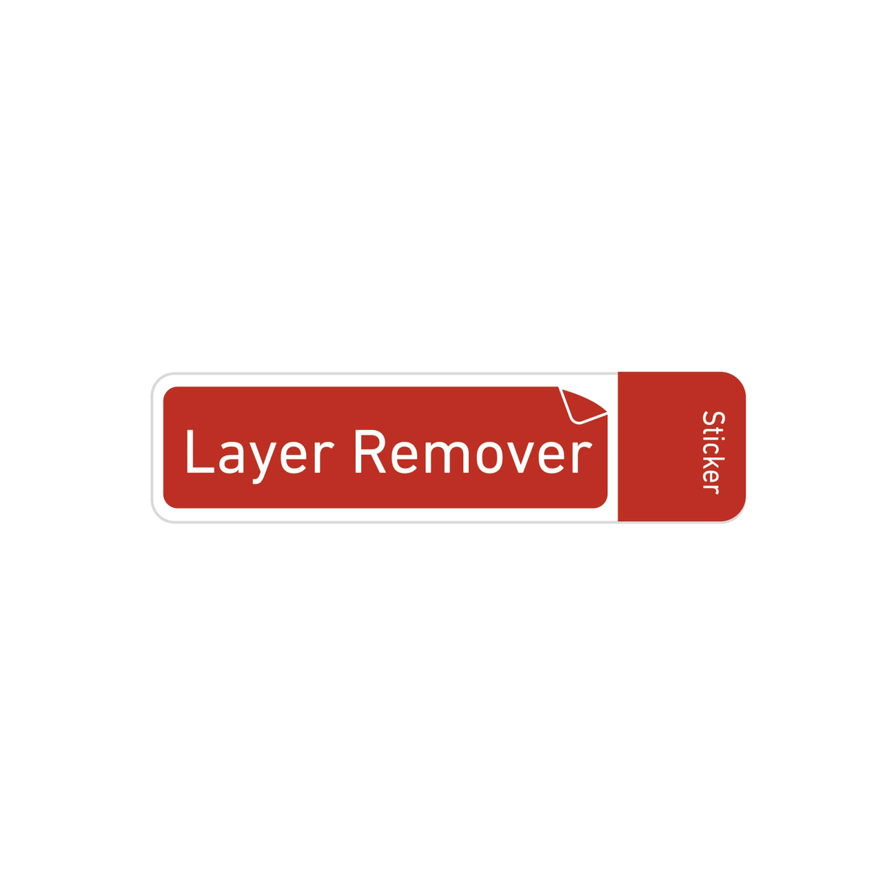 Czerwona naklejka z napisami 'Layer Remover' i 'Sticker'. Białe tło.