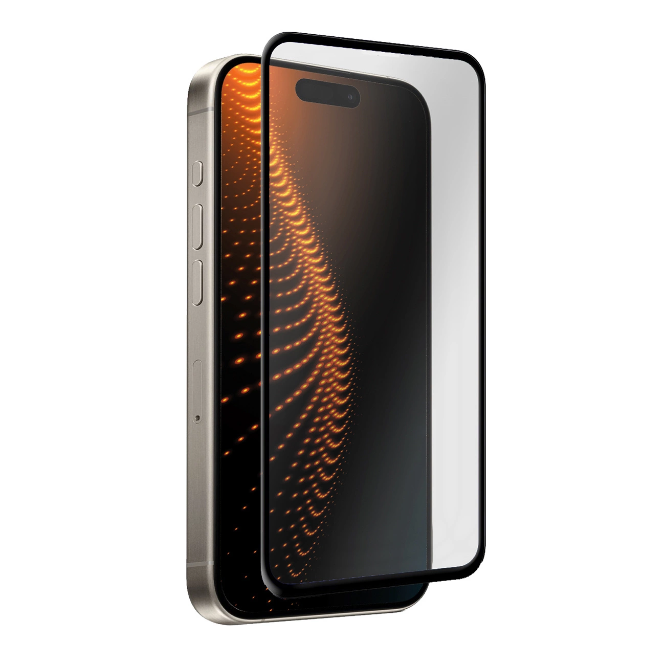 Smartfon z ochraniaczem ekranu. Telefon jest srebrny, ochraniacz przezroczysty, a ekran wyświetla pomarańczowy wzór w kropki.