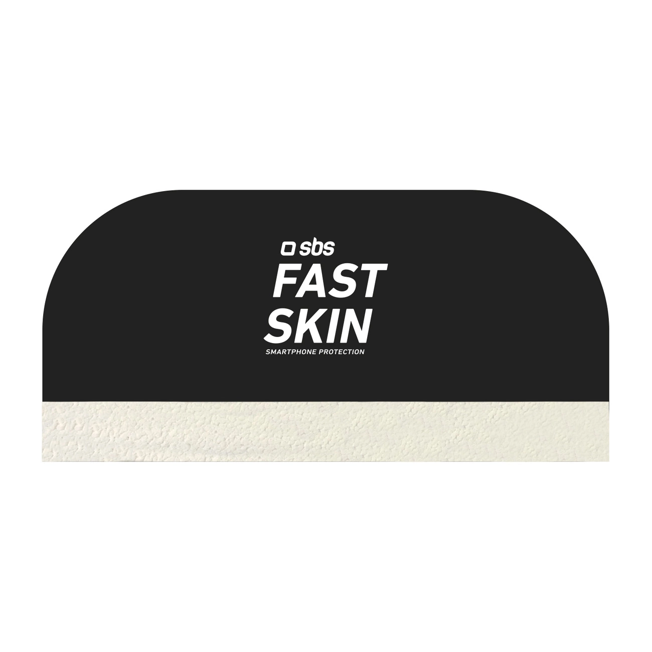 Czarno-biała grafika z logo 'sbs', tekstem 'FAST SKIN' i tekstem 'SMARTPHONE PROTECTION'. Podstawa ma teksturowany, białawy pasek.