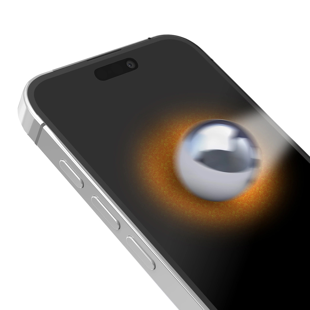 Smartfon ze srebrną ramką. Rozmyta srebrna kula na ekranie otoczona jest pomarańczowo-brązową poświatą.