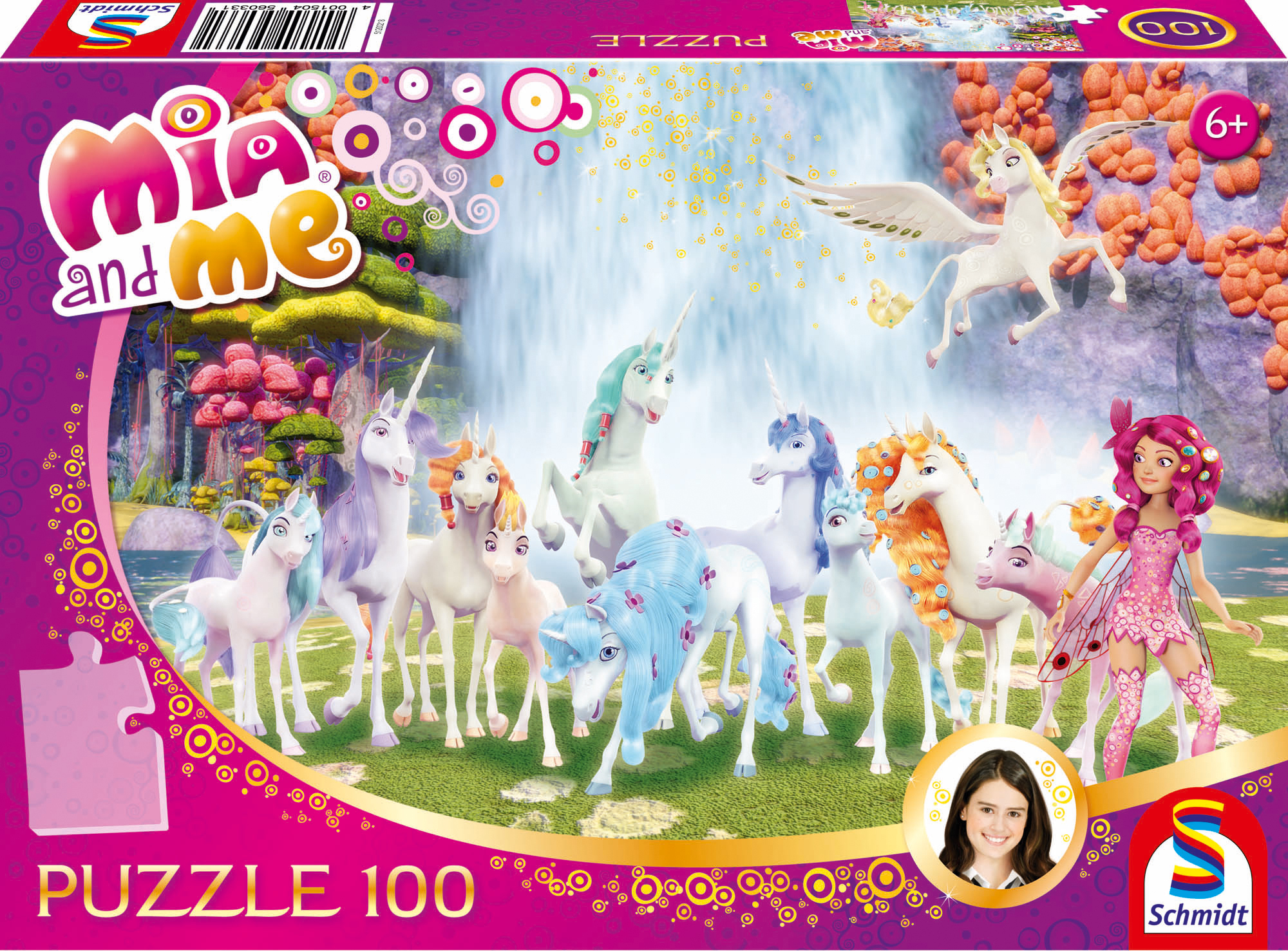 Puzzledose mit Mia and Me-Motiv. Es zeigt eine Gruppe von Einhörnern und ein Mädchen mit pinken Haaren in einer Fantasielandschaft.