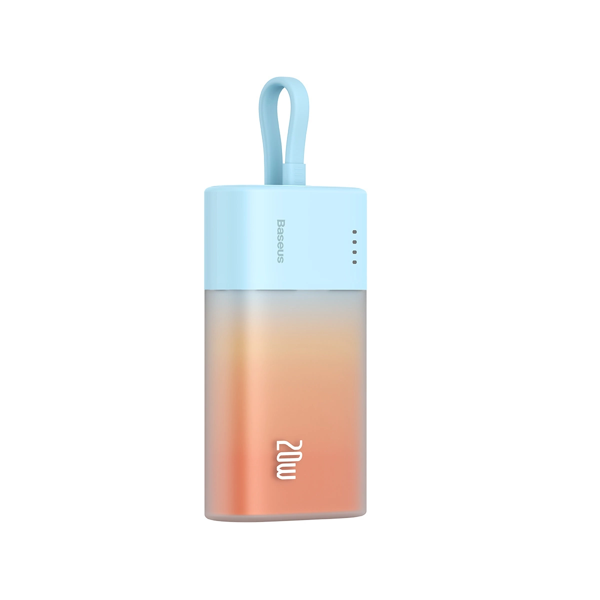 Power bank Baseus 20W. Ma jasnoniebieski i pomarańczowy gradient. Ma uchwyt. Obecne jest logo Baseus.