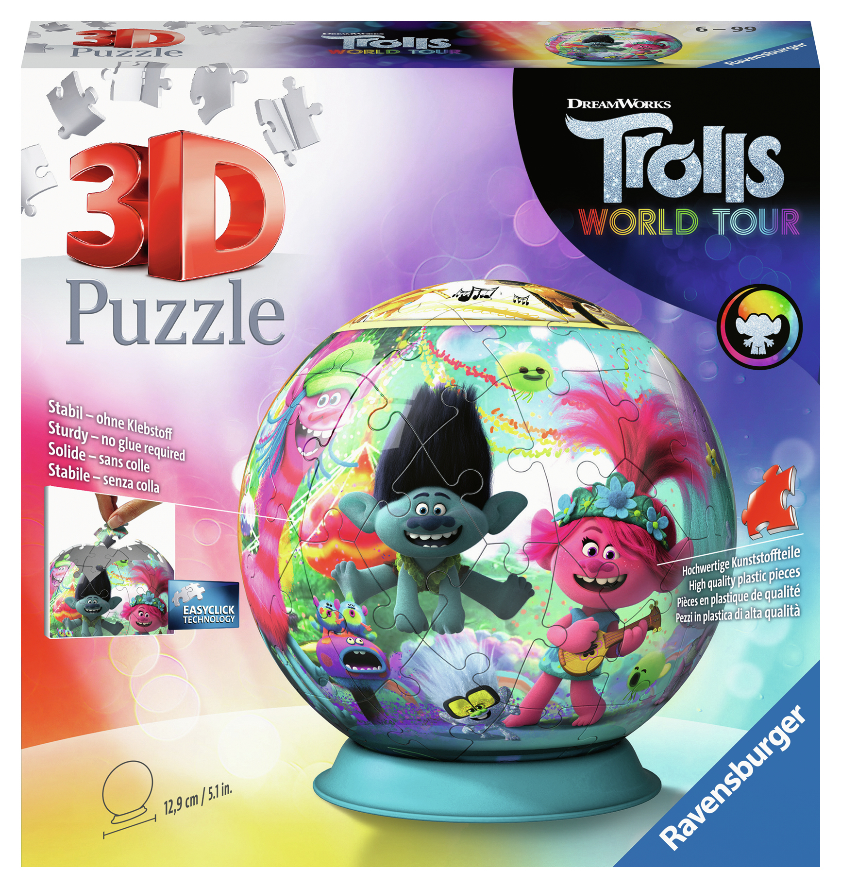 Ein Trolls 3D-Puzzle in einer Box. Es zeigt Trolls-Charaktere in der zusammengebauten Puzzlekugel.