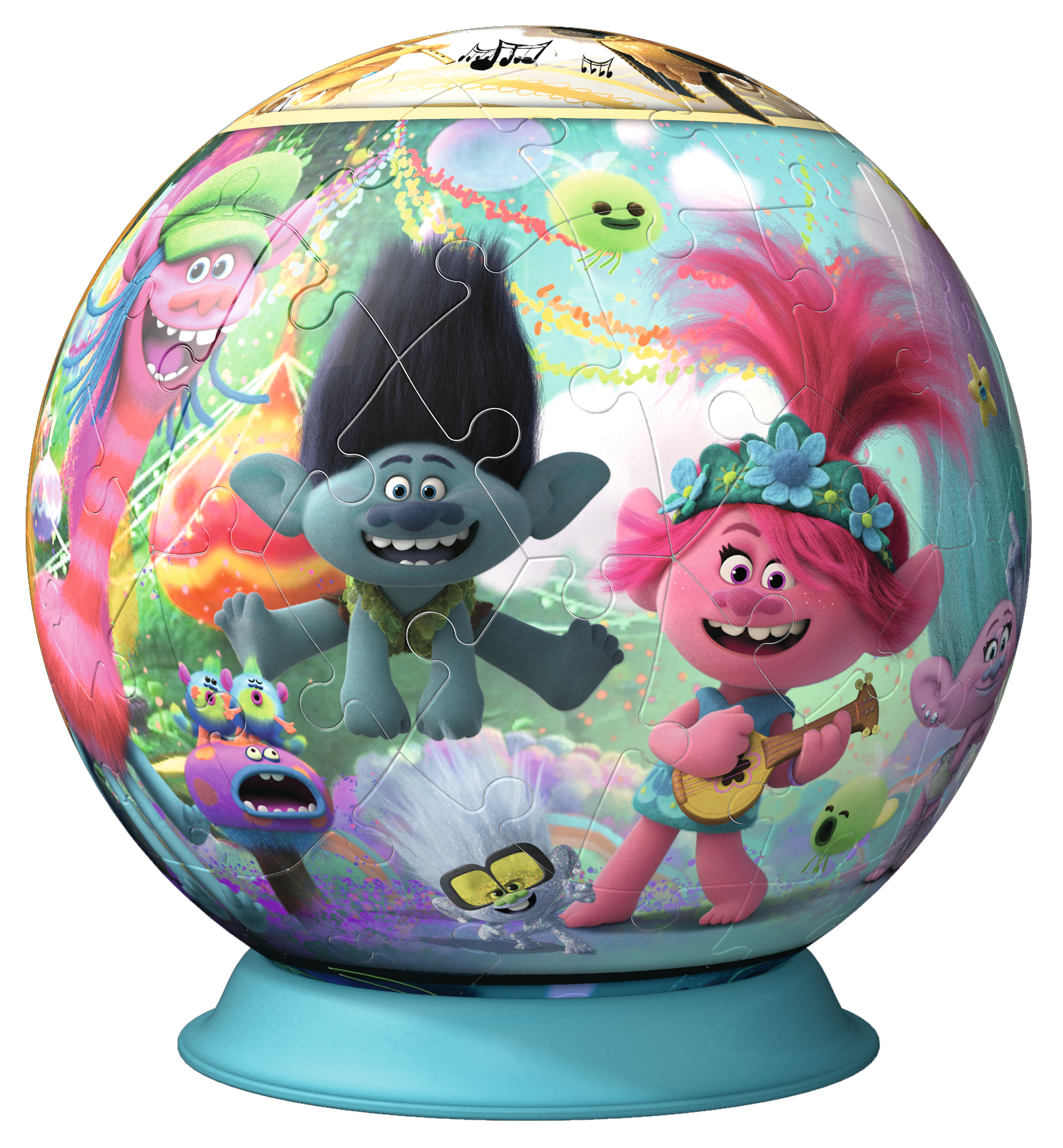 Ein kugelförmiges Puzzle mit Troll-Figuren. Poppy spielt Ukulele. Branch und andere Trolle sind ebenfalls anwesend. Das Puzzle steht auf einem blauen Sockel.
