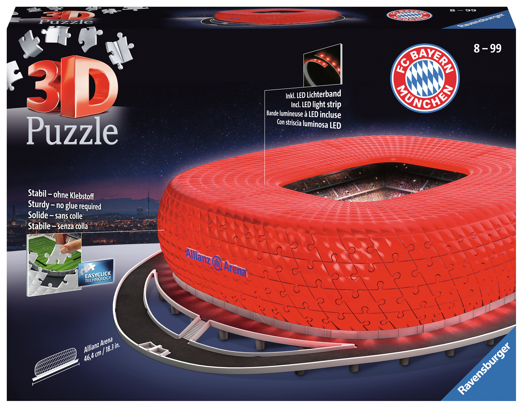 Schachtelkunst für ein 3D-Puzzle des Allianz Arena-Stadions, rot, mit Puzzleteilen, Logo und Text.