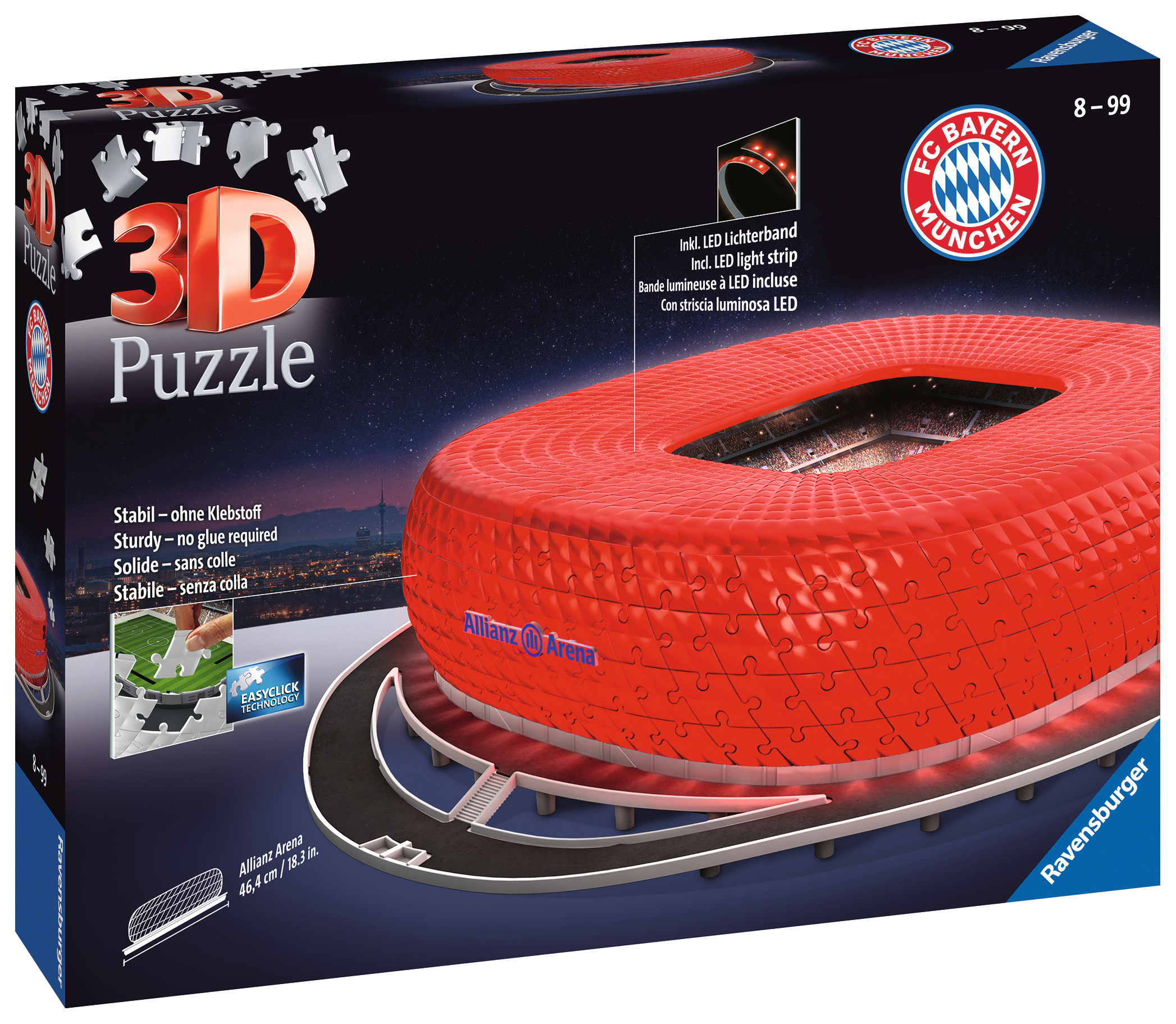 Ein 3D-Puzzle des Allianz Arena-Stadions, rot und aus Puzzleteilen zusammengesetzt. Enthält LED-Lichtleiste. Die Schachtel zeigt das Bayern München Logo.