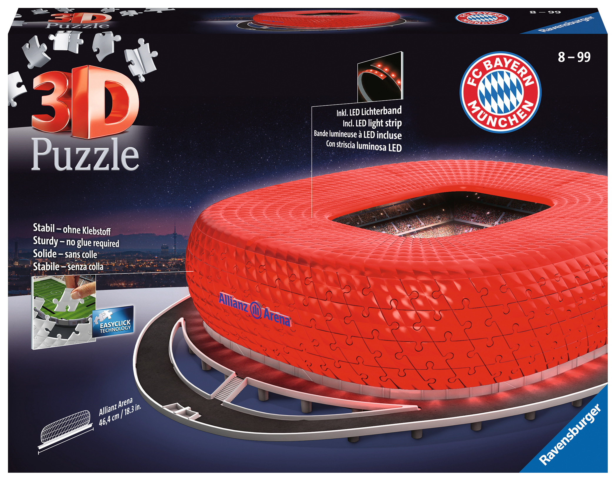 Ein 3D-Puzzle der Allianz Arena, rote Stadionstruktur, FC Bayern Logo, Teile und Text auf dunklem Hintergrund.