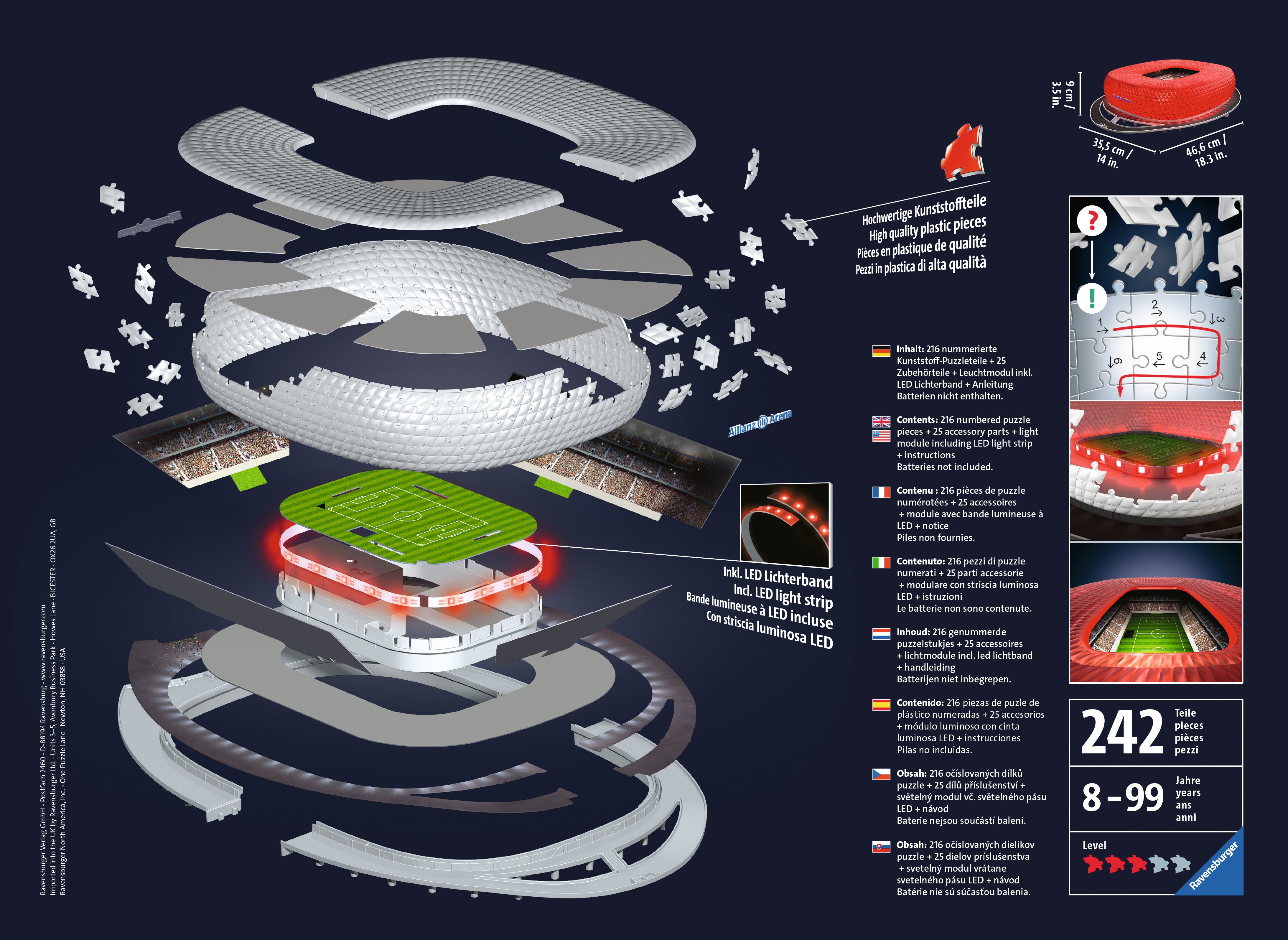 Explosionsansicht eines Stadionpuzzles mit roten Lichtern, Teilen und Text in mehreren Sprachen.