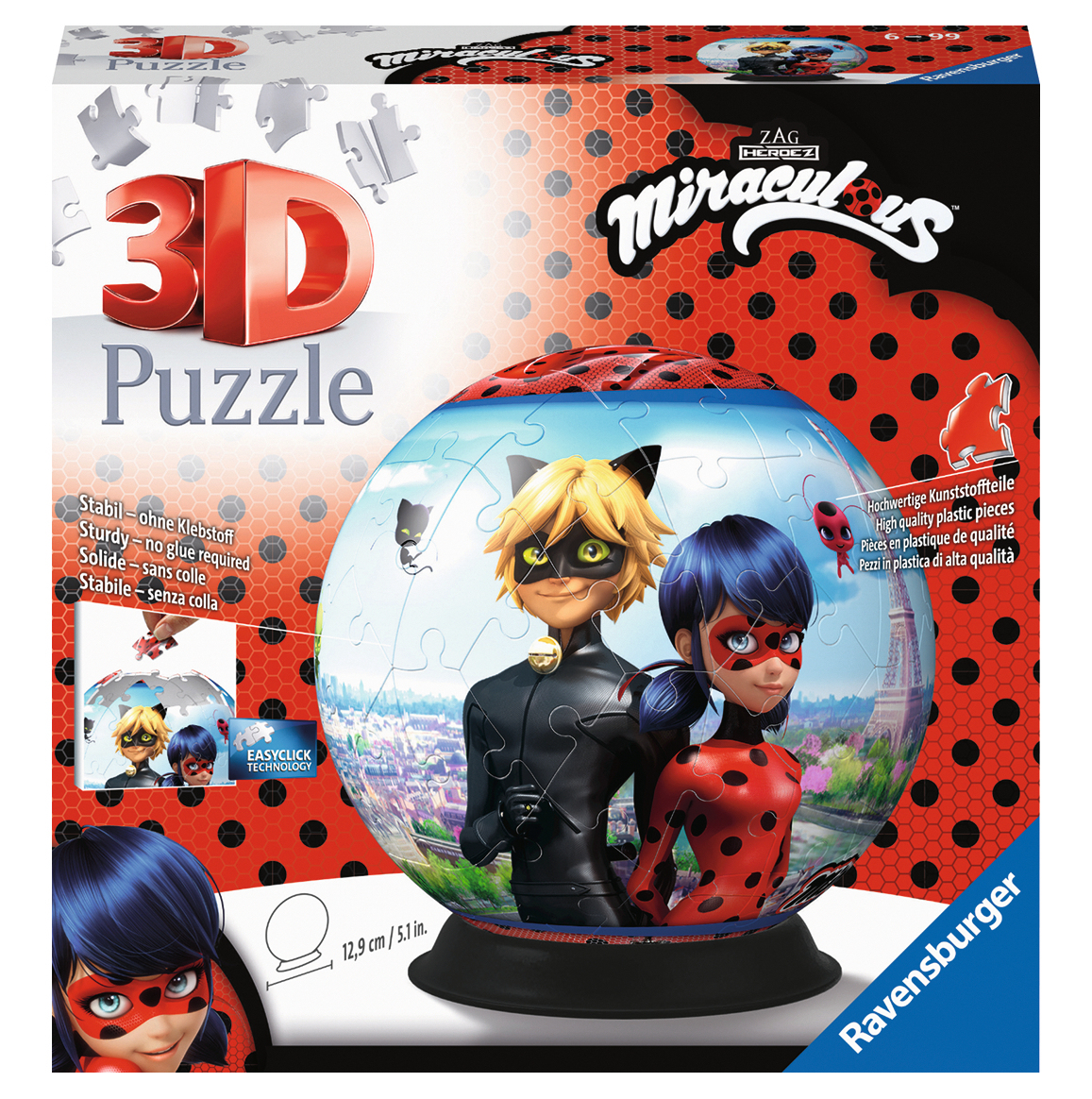 Eine 3D-Puzzle-Box mit Miraculous-Charakteren. Das Puzzle zeigt Ladybug und Cat Noir. Die Box ist rot und schwarz.