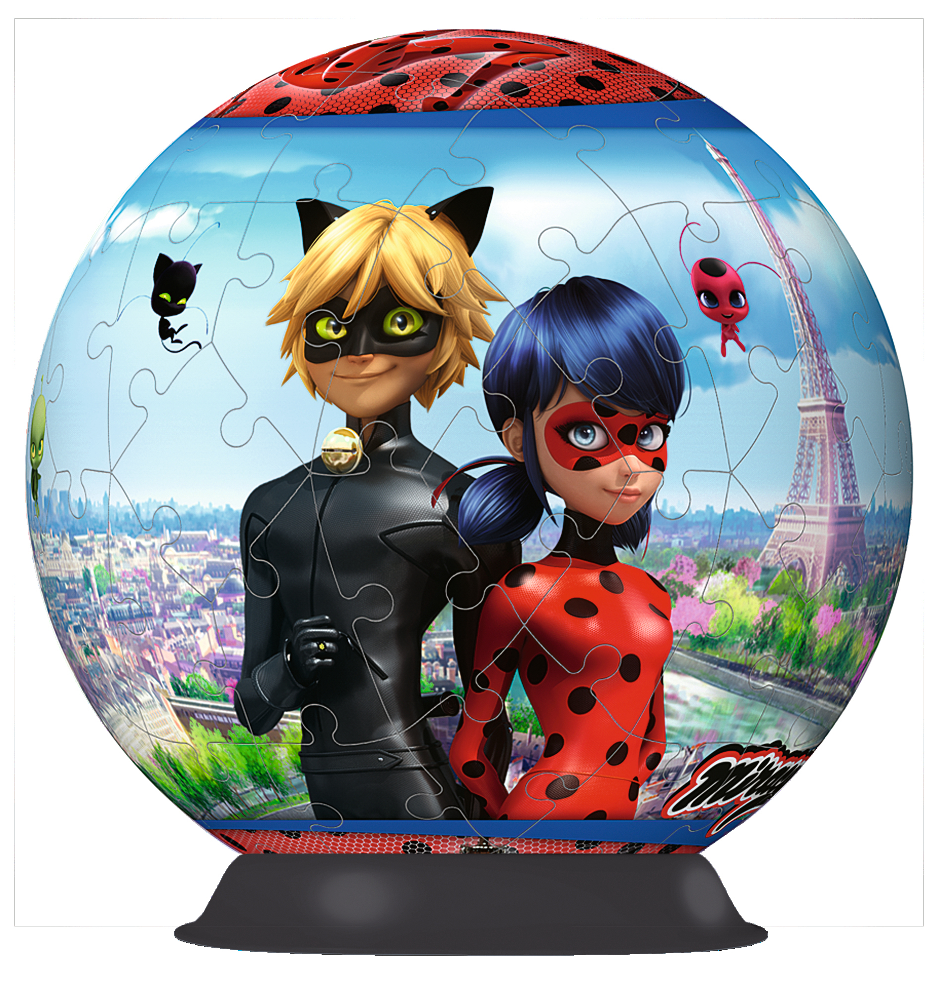 Puzzle von Ladybug und Cat Noir mit Eiffelturm im Hintergrund. Schwarze Katze und rote Käfer-Charaktere sind abgebildet.