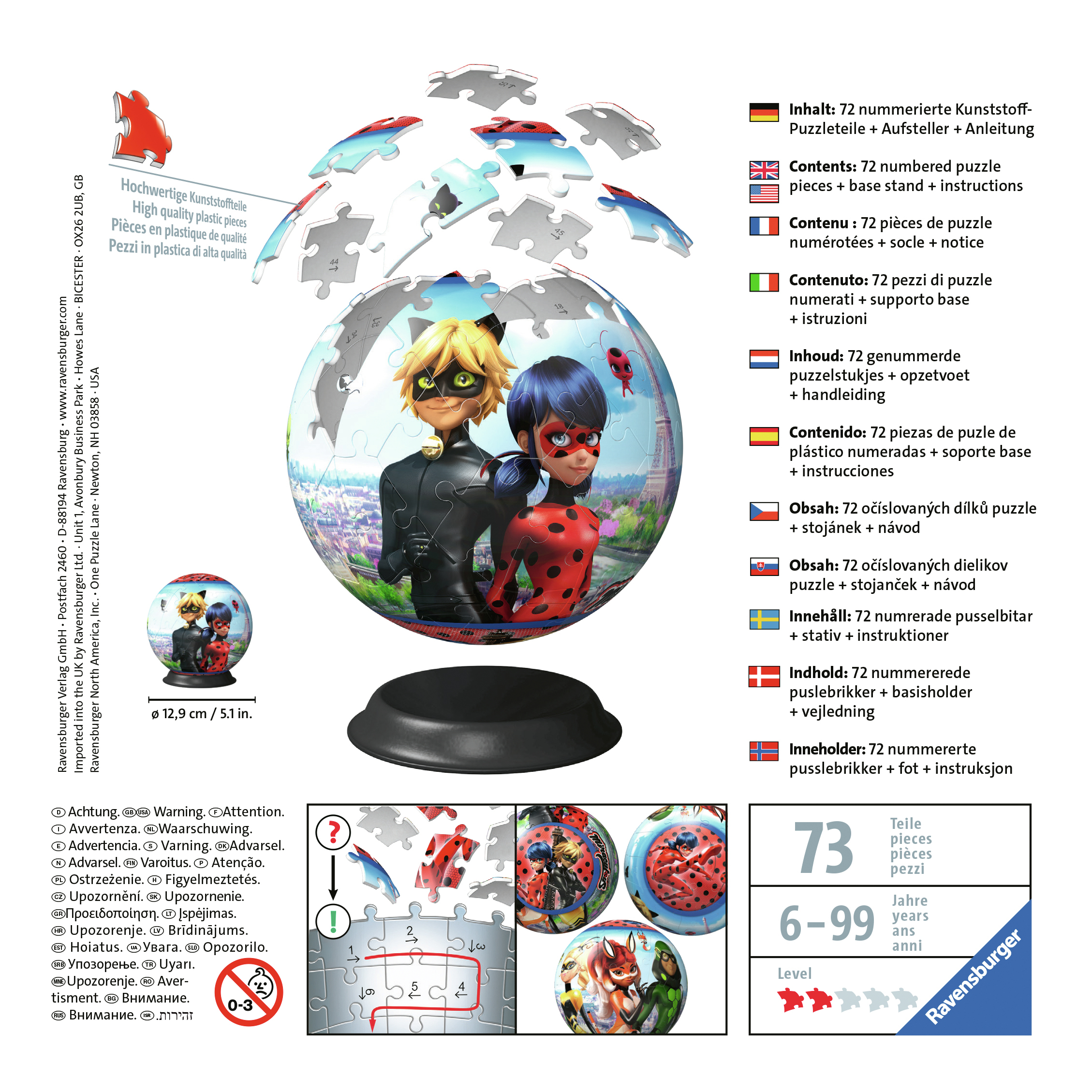 Ein Miraculous Ladybug-Puzzle zeigt Charaktere, Eiffelturm-Hintergrund und Puzzleteile.
