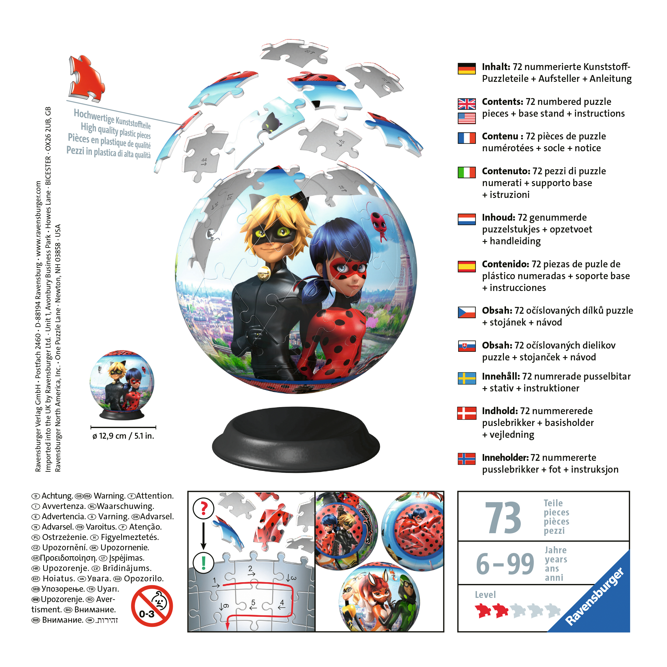 Puzzlebox mit Cartoonfiguren: Junge mit Katzenohren und Mädchen im roten Marienkäfer-Anzug.