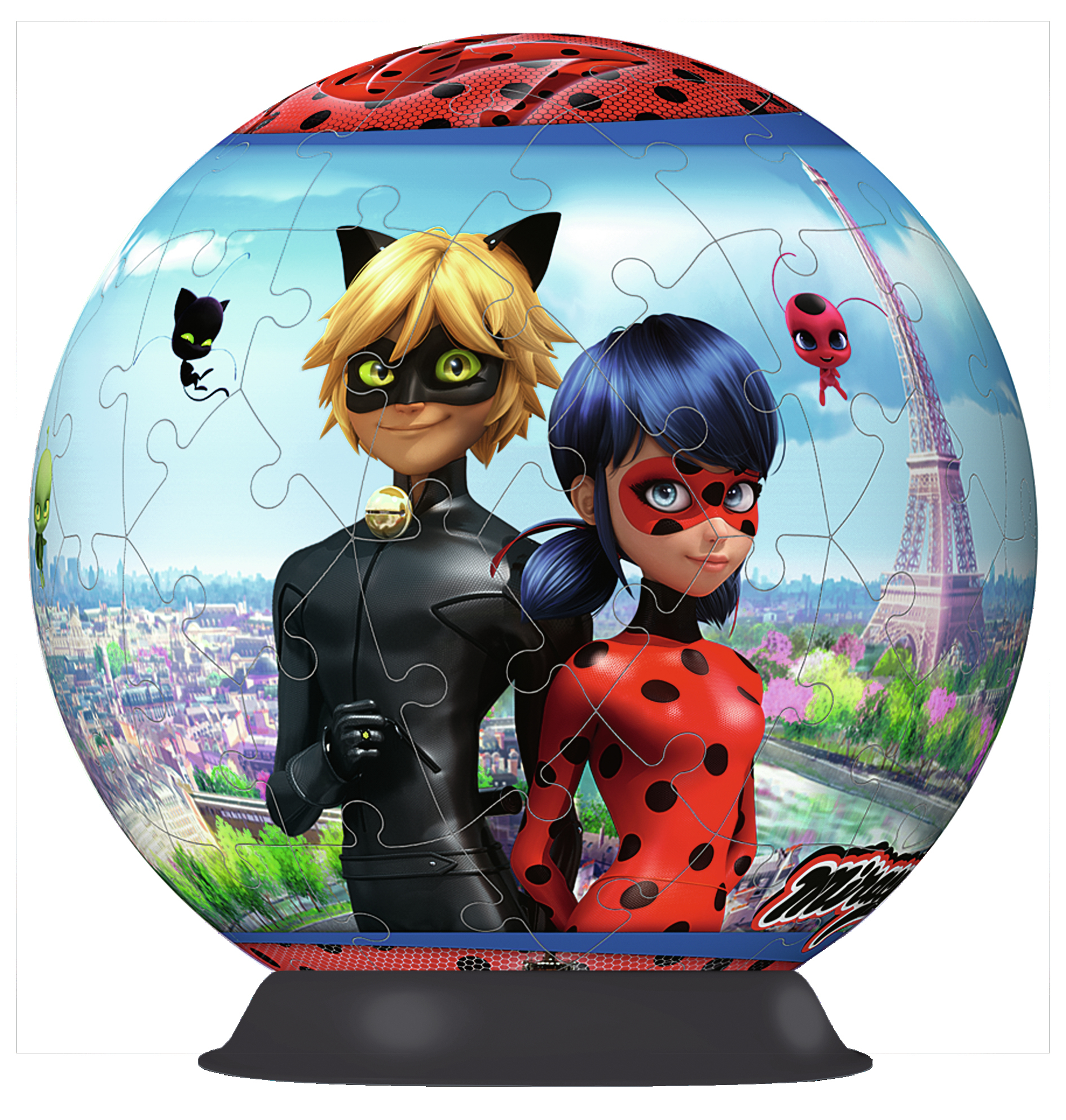 Ein rundes Puzzle mit Ladybug und Cat Noir. Im Hintergrund Paris und der Eiffelturm. Ein schwarzer Sockel hält das Puzzle.