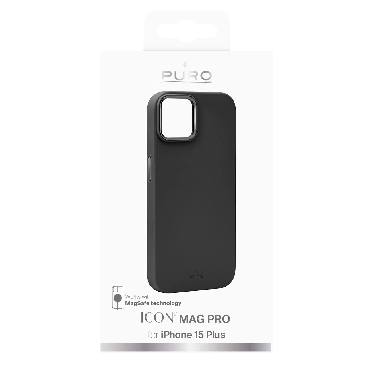Una custodia nera per iPhone in una scatola bianca. La custodia ha un ritaglio quadrato per la fotocamera. La scatola ha il logo 'PURO'.