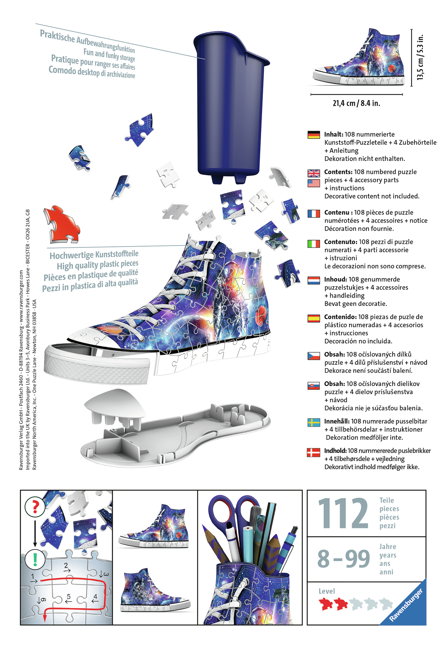 Puzzlebox mit Schuhdesign, Puzzleteilen, Stifthalter, Schere und Textetiketten.
