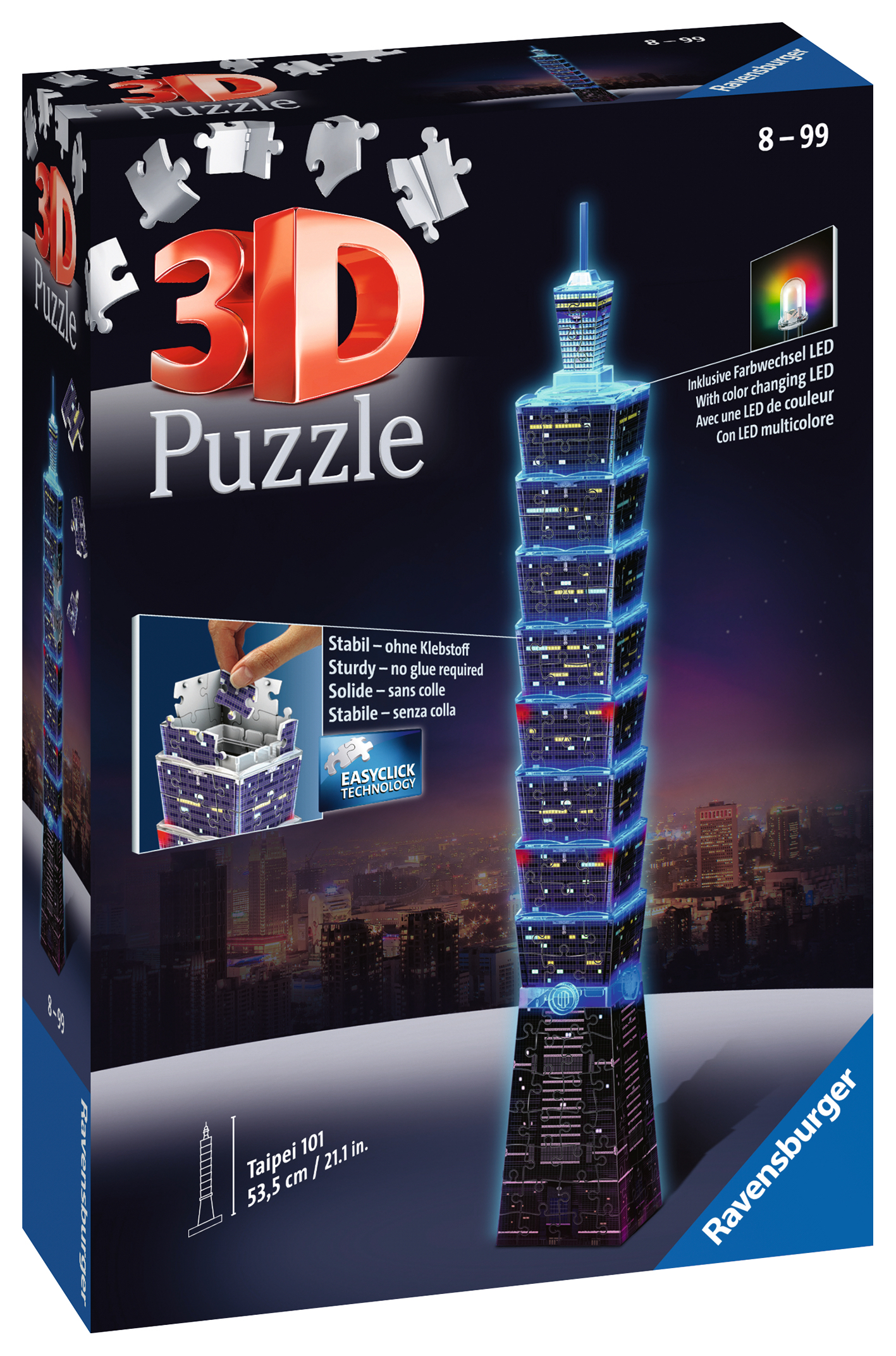 Schachtelkunst für ein 3D-Puzzle des Taipei 101. Die Schachtel zeigt das Puzzle und Merkmale wie farbwechselnde LEDs.