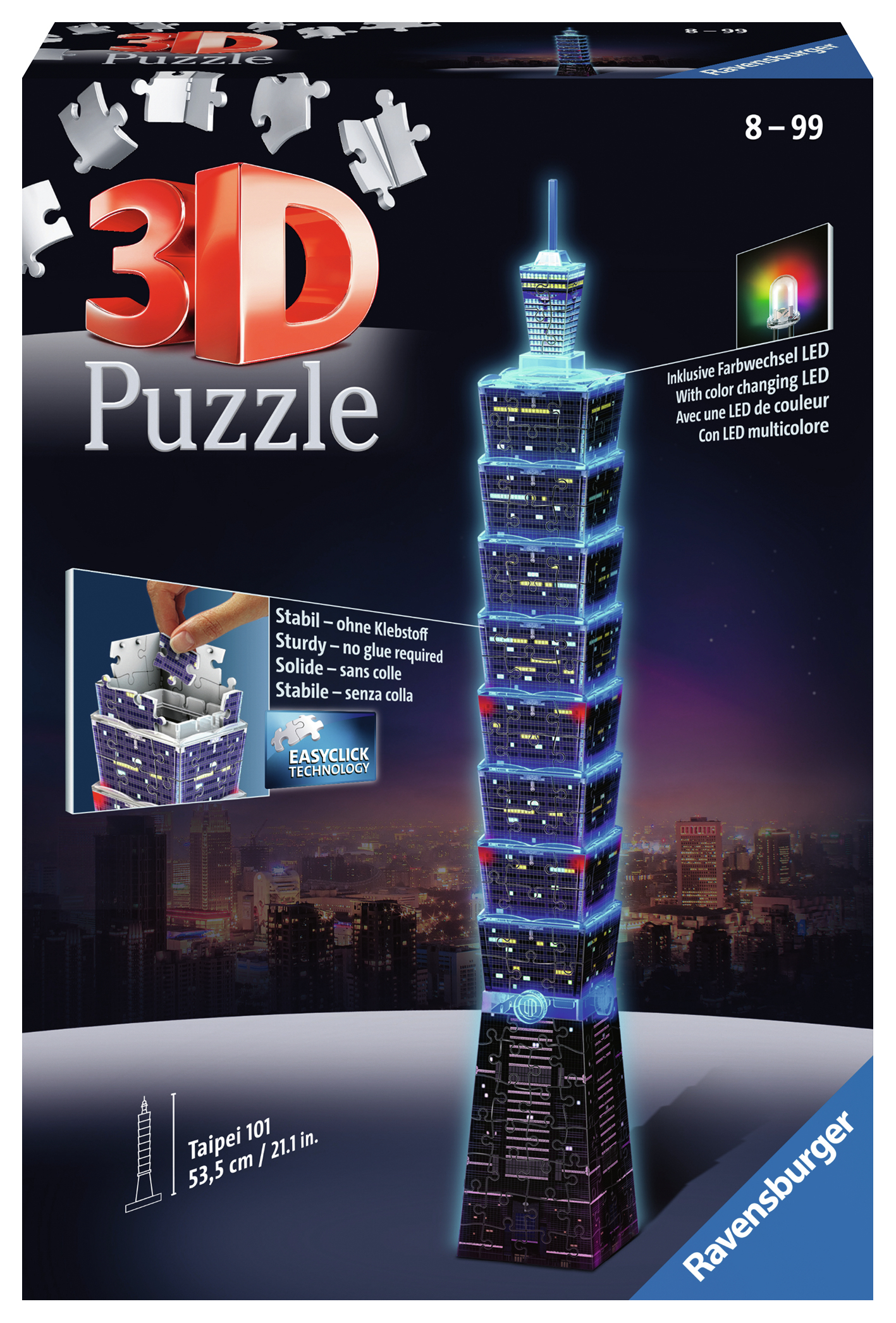 Schachtelkunst für ein 3D-Puzzle von Taipei 101. Es zeigt das fertige Puzzle beleuchtet und eine Hand, die die Teile zusammensetzt.