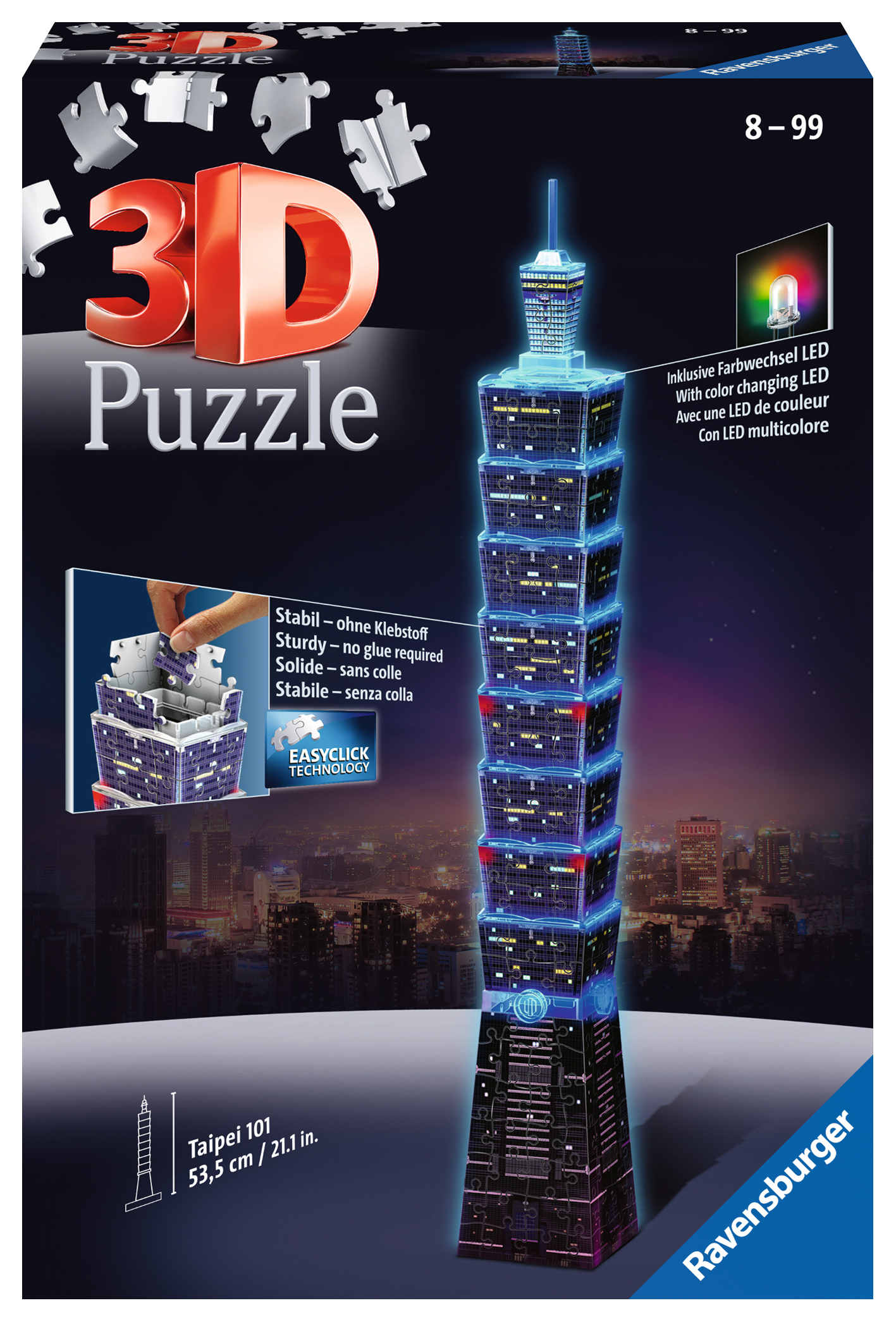 Eine Ravensburger 3D-Puzzle-Box zeigt den Taipei 101-Turm aus Puzzleteilen. Inklusive LED-Leuchten, und das Puzzle ist stabil.