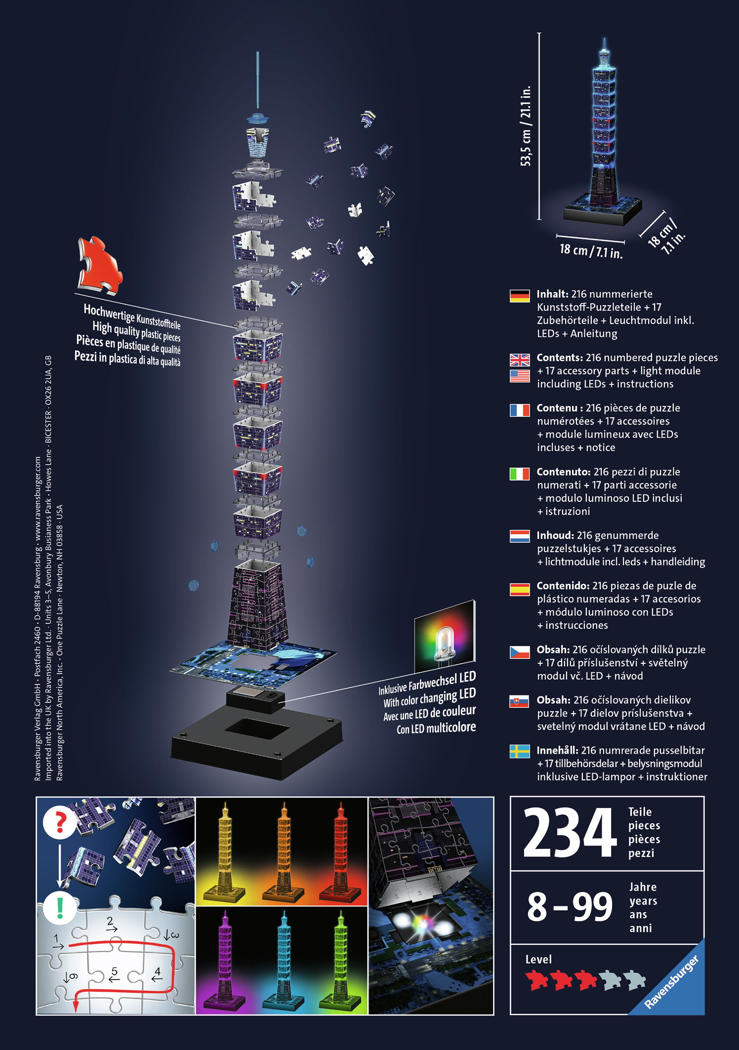Ein zerlegtes Puzzle eines Turms mit LED-Leuchten, das Montageschritte und enthaltene Teile sowie eine farbwechselnde LED zeigt.