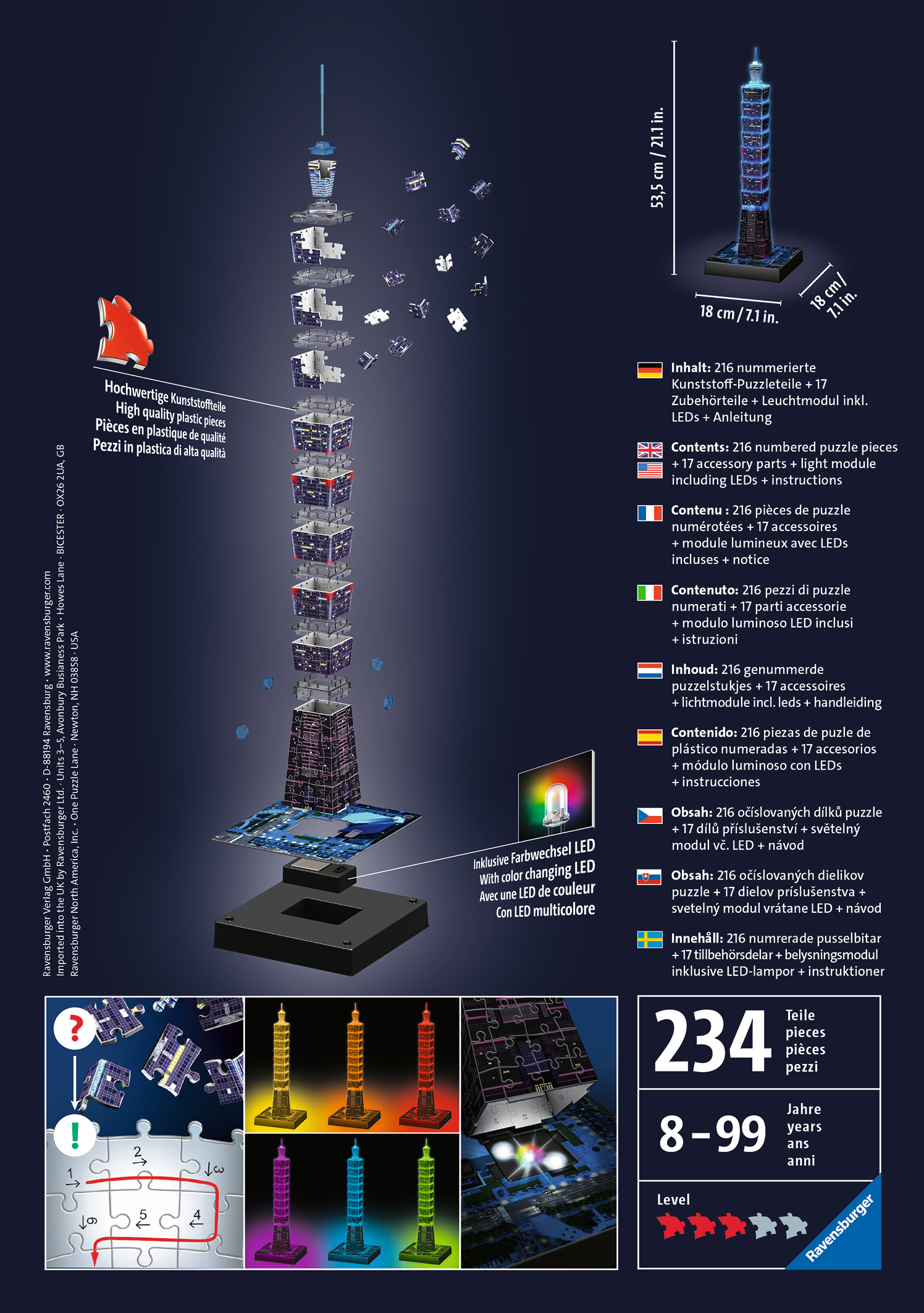Puzzle eines Turms mit LEDs, zerlegt. Enthält Teile, Anweisungen und ein Farbwechsel-Lichtmodul.