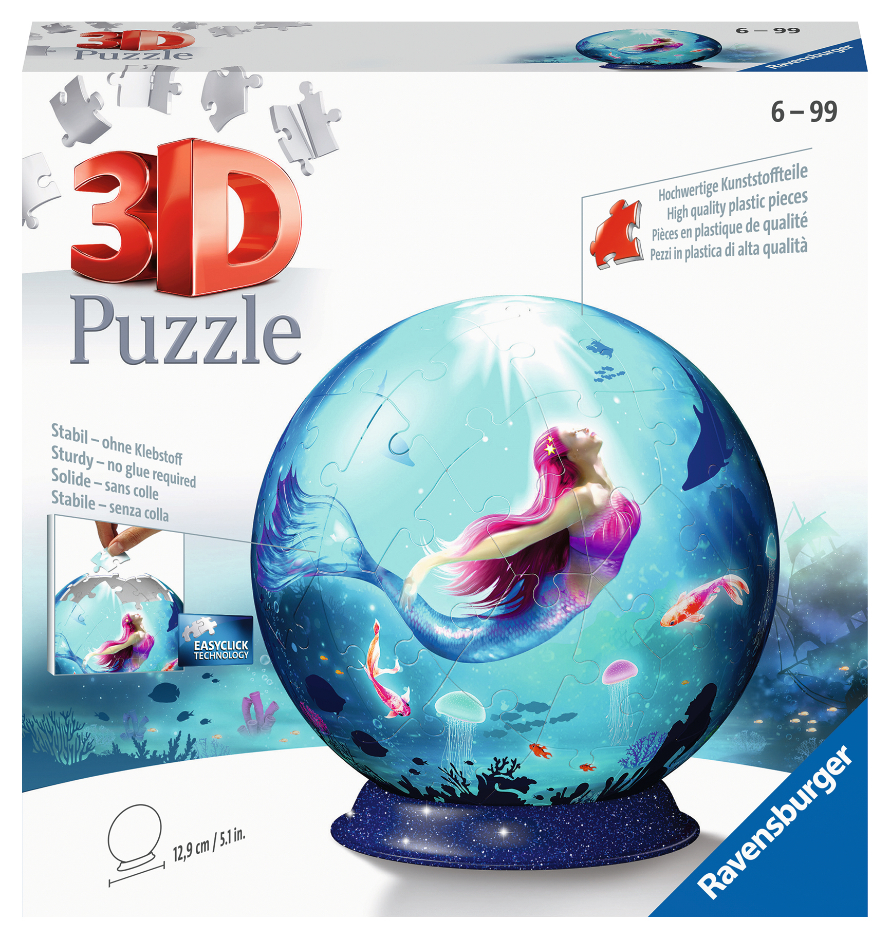 Puzzledose mit 3D-Puzzle. Das Puzzle zeigt eine Meerjungfrau in einer Glaskugel mit Meeresbewohnern.