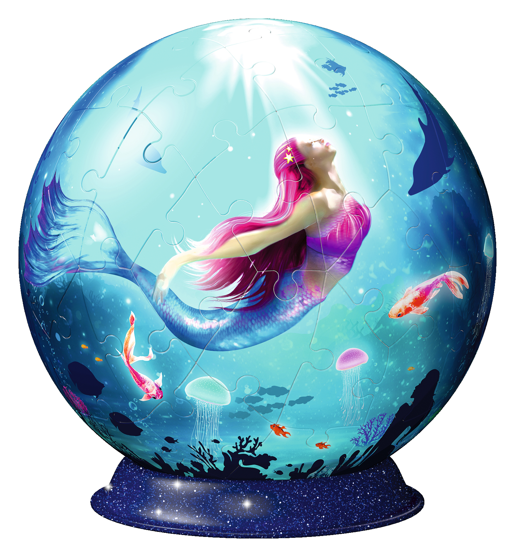 Eine Meerjungfrau mit rosa Haaren schwimmt in einem Puzzle-Globus mit Fischen, Quallen und einer sternenbedeckten Basis. Blau- und Türkistöne.