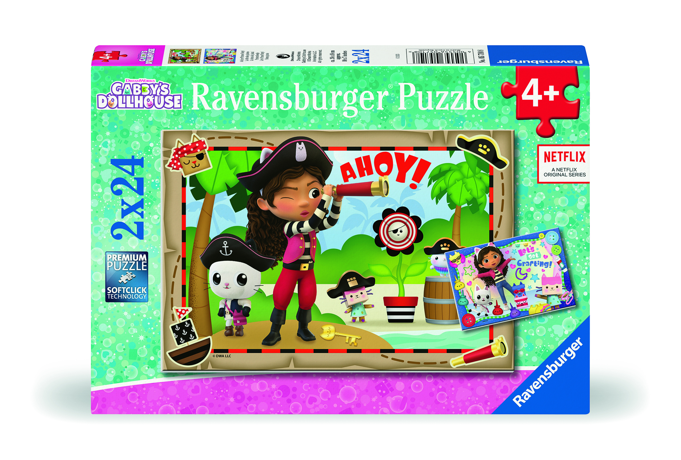 Scatola di puzzle con Gabby di Gabby's Dollhouse nei panni di un pirata che guarda attraverso un telescopio. Include personaggi e testo a tema pirata.