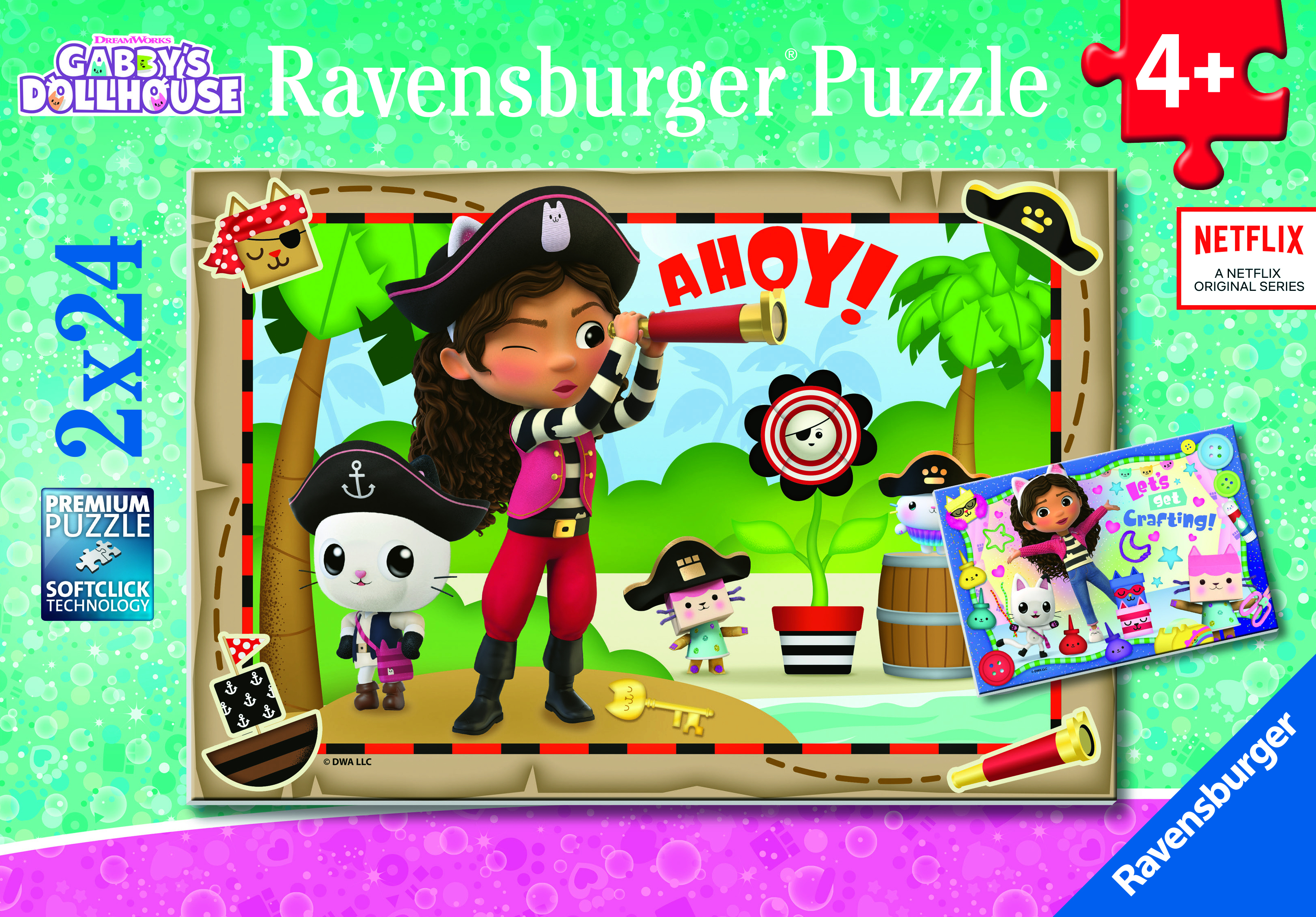 Scatola di puzzle con Gabby di Gabby's Dollhouse, che tiene un telescopio. Include gatti pirata e testo 'AHOL'.