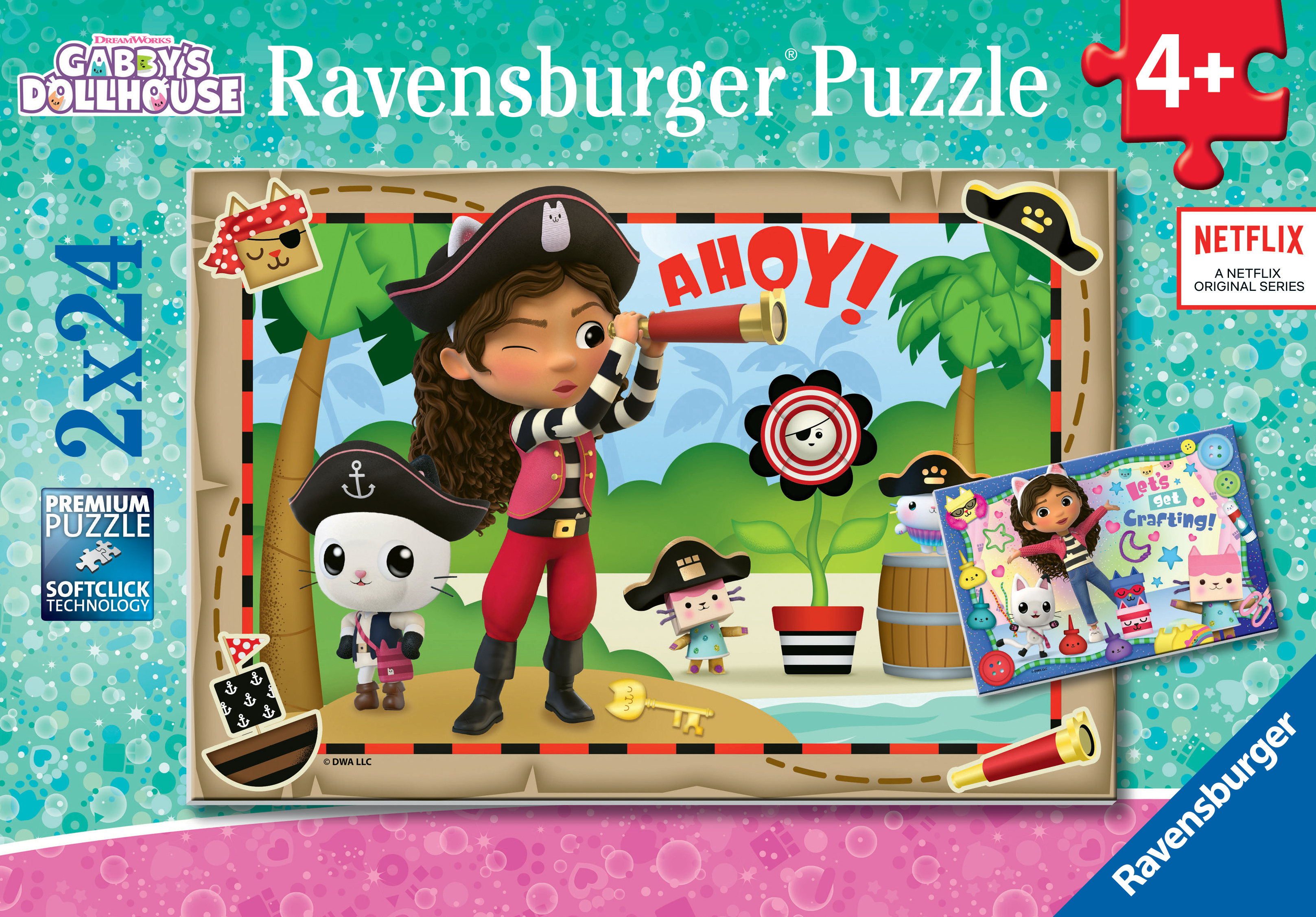 Un puzzle Ravensburger di Gabby's Dollhouse. Una ragazza pirata con amici a tema gatto guarda attraverso un telescopio.