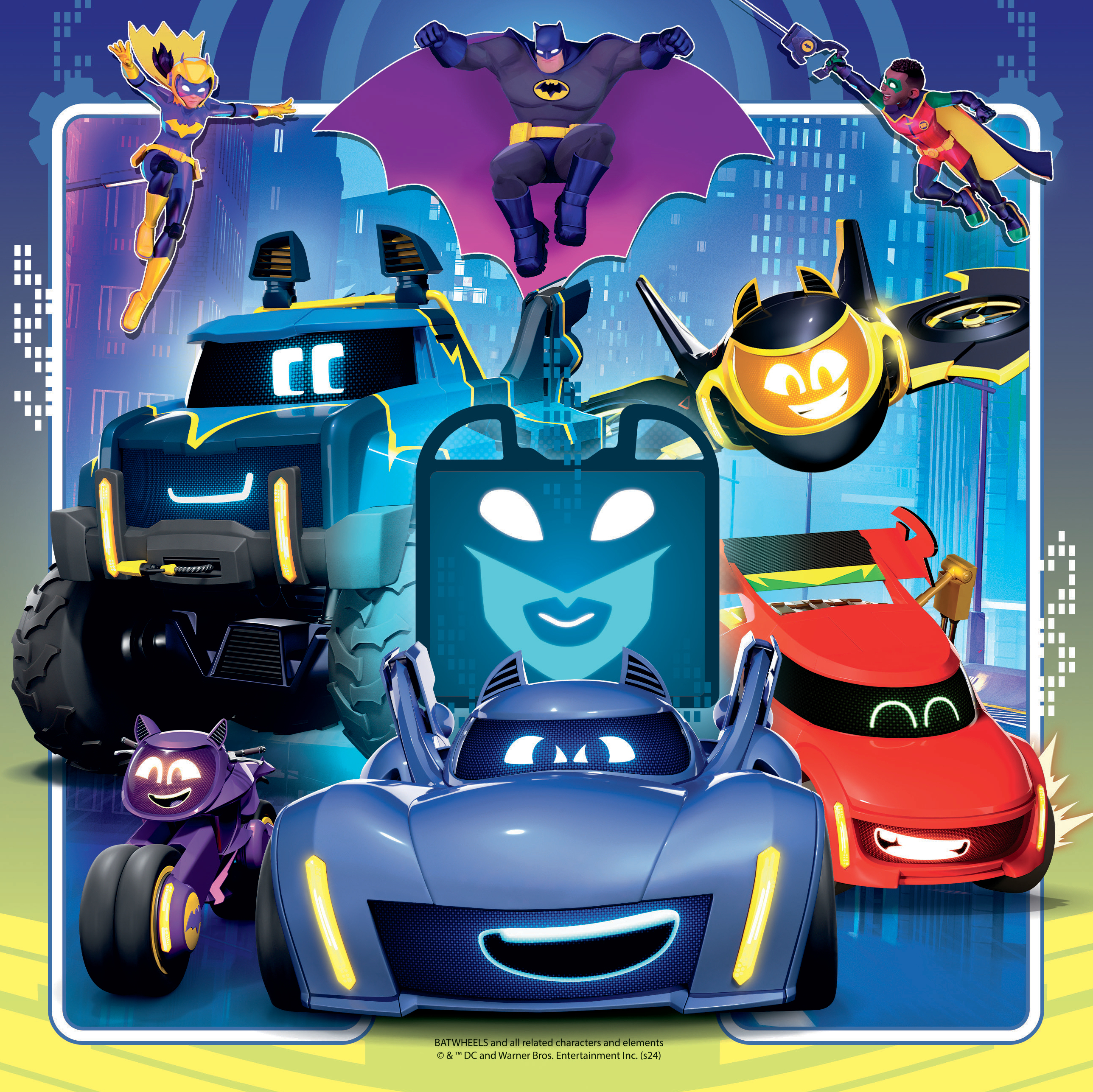 Batman e personaggi di Batwheels. Batman, Batgirl, Robin e veicoli in un ambiente urbano. Colori vivaci e stile cartoon.