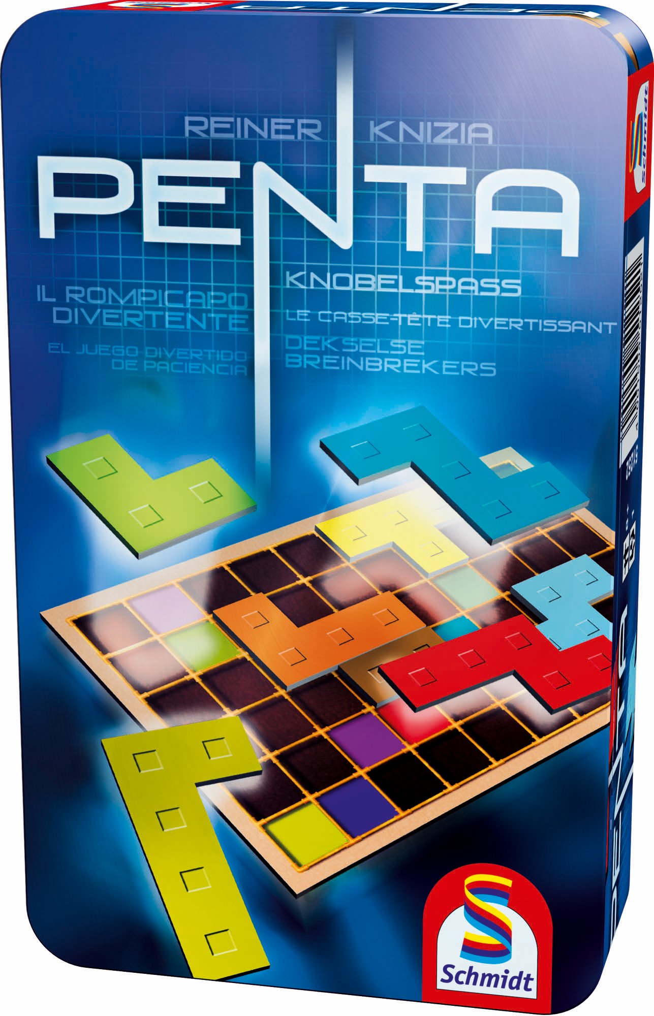 Schachtel des Puzzlespiels Penta. Es hat verschiedene farbige Formen, ein Spielbrett und Text in mehreren Sprachen.