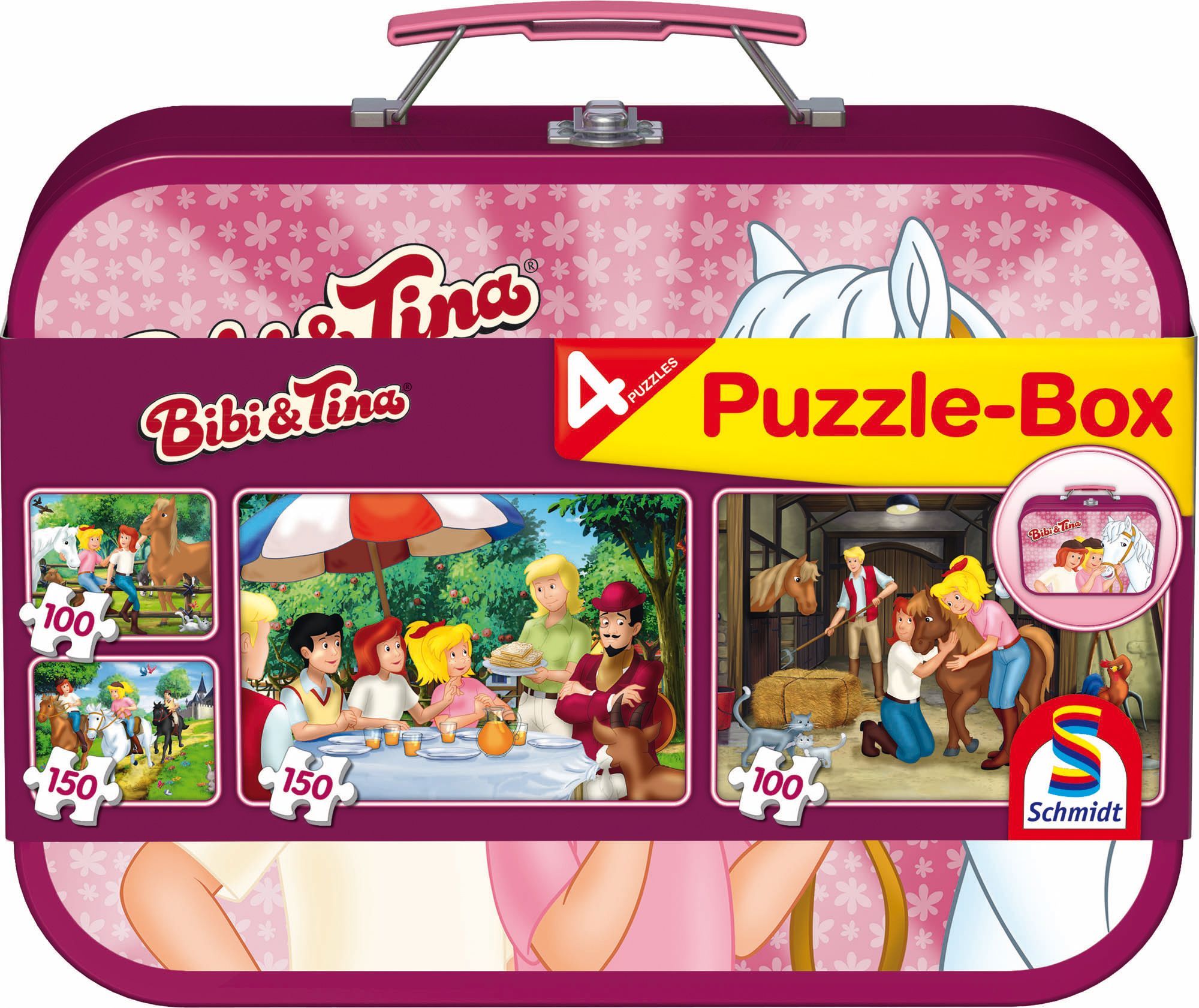 Puzzlebox mit Bibi & Tina-Thema. Enthält Illustrationen von Pferden, Menschen und einer Tischszene. Enthält 100- und 150-Teile-Puzzles.