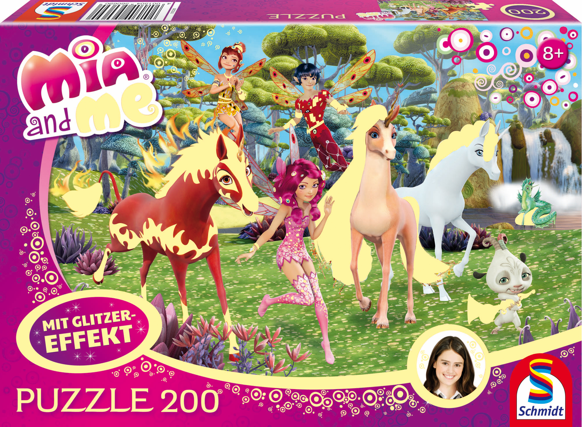 Puzzledose mit Mia and me-Figuren, Einhörnern, Feen und einem Drachen in einer Fantasy-Landschaft. Die Box zeigt auch ein Mädchen.
