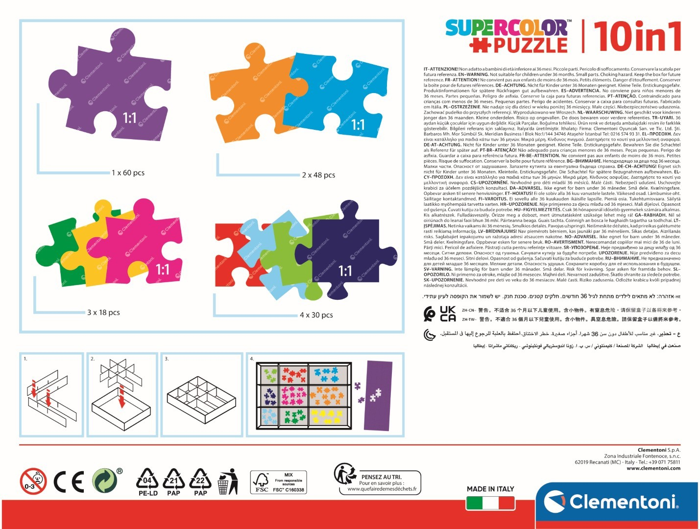 Puzzle box with colorful puzzle pieces, warnings, and instructions.