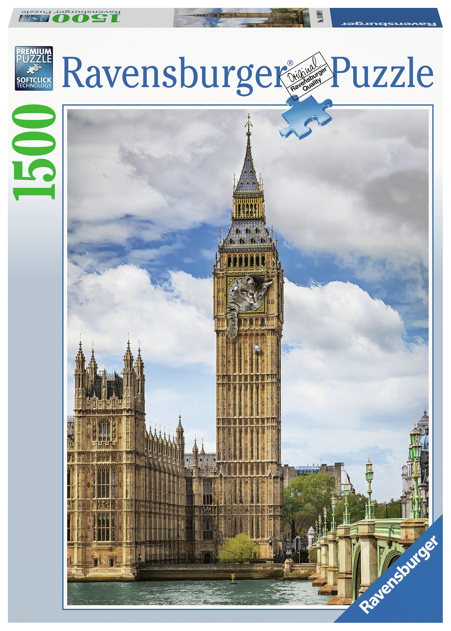 Puzzle del Big Ben con un gatto nell'orologio. Edifici e Tamigi sullo sfondo.