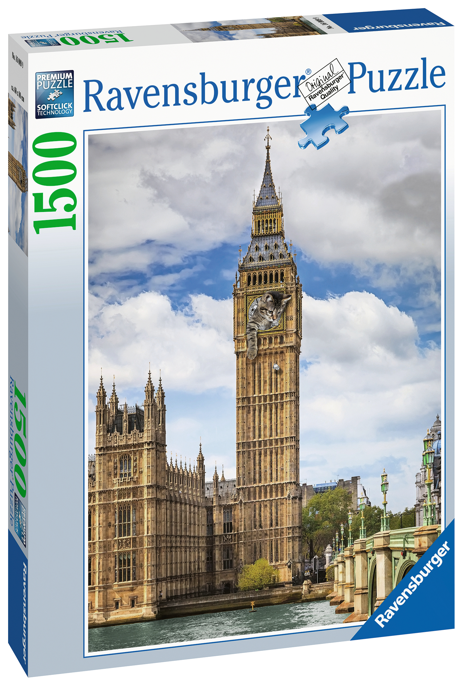 Puzzle del Big Ben con un gatto nel quadrante, cielo blu e nuvole bianche. Edifici e ponte sullo sfondo.