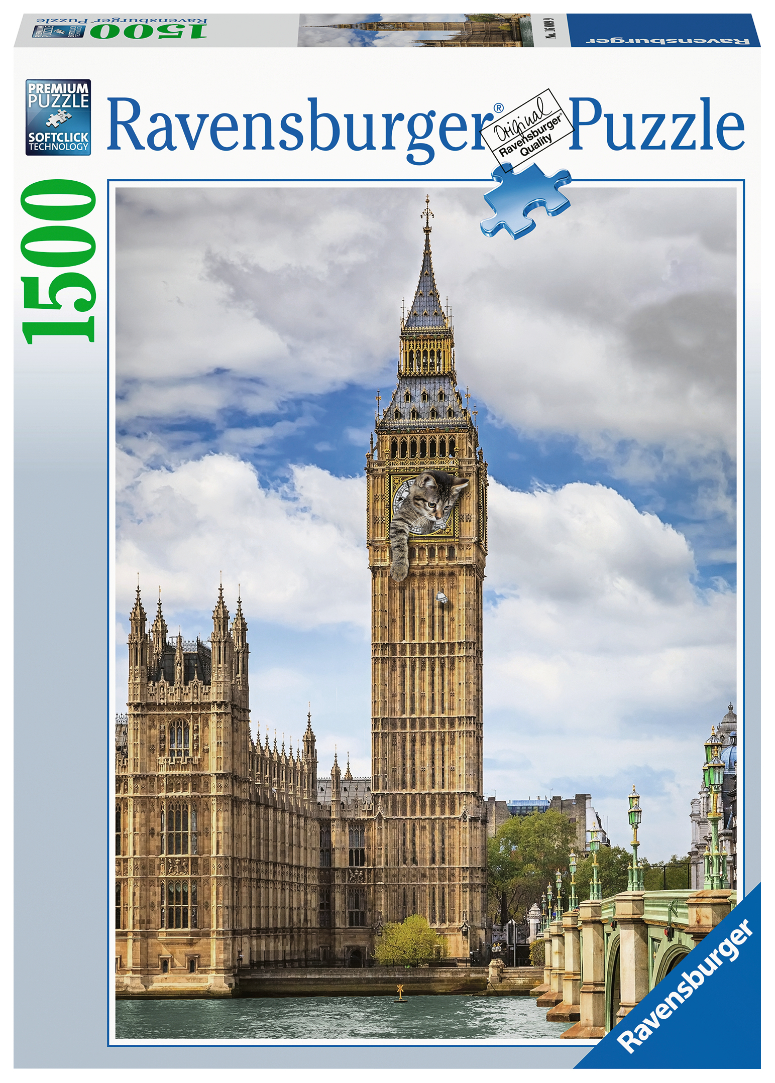Una scatola di puzzle Ravensburger mostra il Big Ben con un gatto nell'orologio. Cielo ed edifici sullo sfondo.