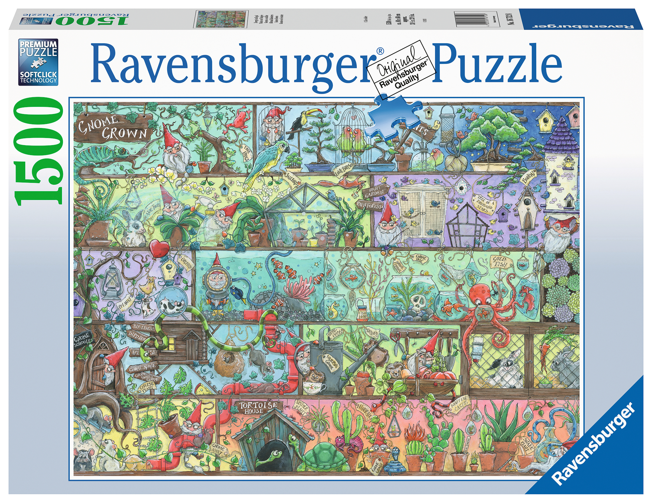 Ein farbenfrohes 1500-teiliges Ravensburger-Puzzle. Es zeigt Zwerge, verschiedene Tiere, Pflanzen und Miniaturhäuser.