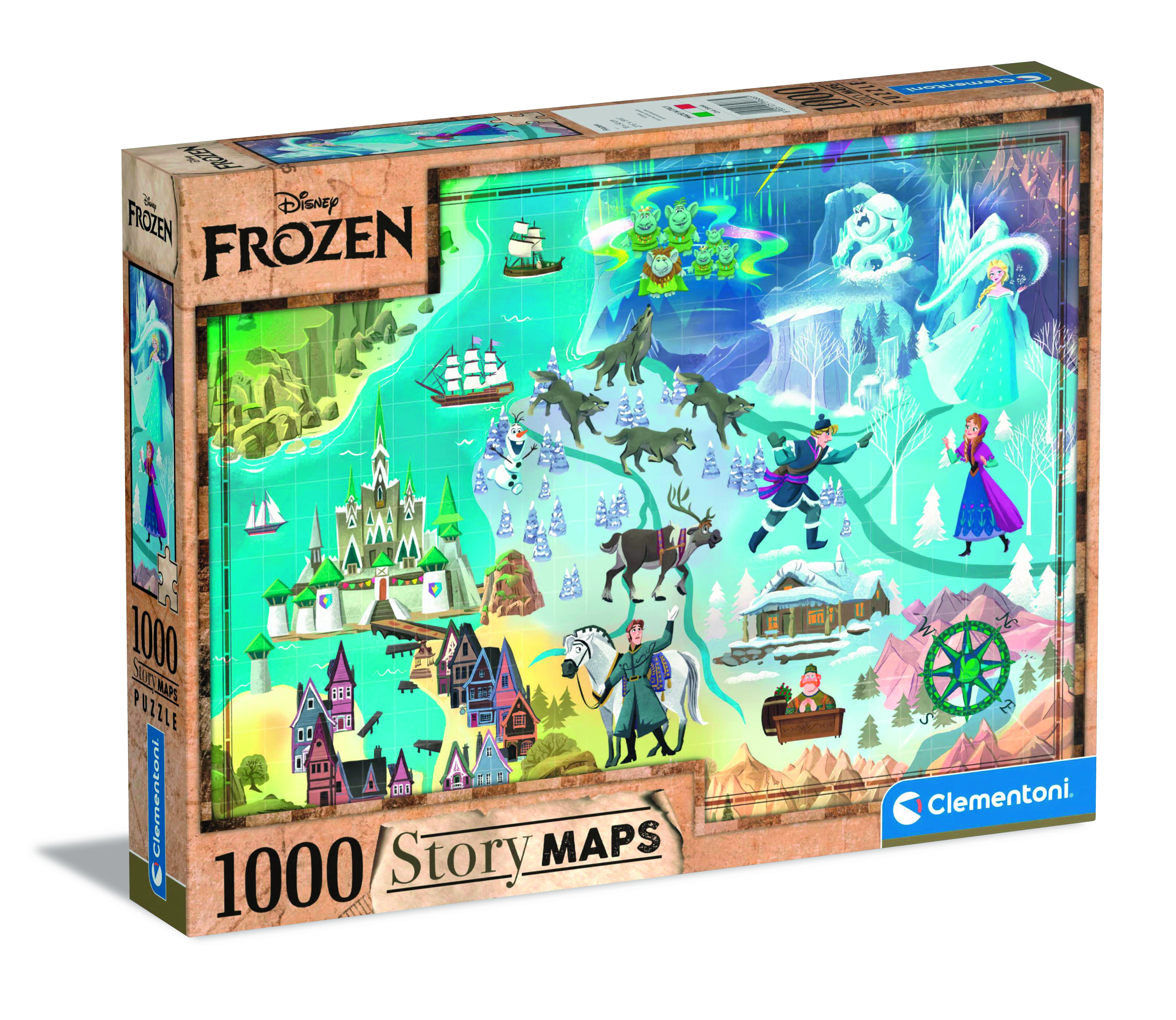 Frozen story map puzzelbox. Personages en locaties uit de film worden afgebeeld op een kaart. Kasteel, personages en schepen zijn zichtbaar.