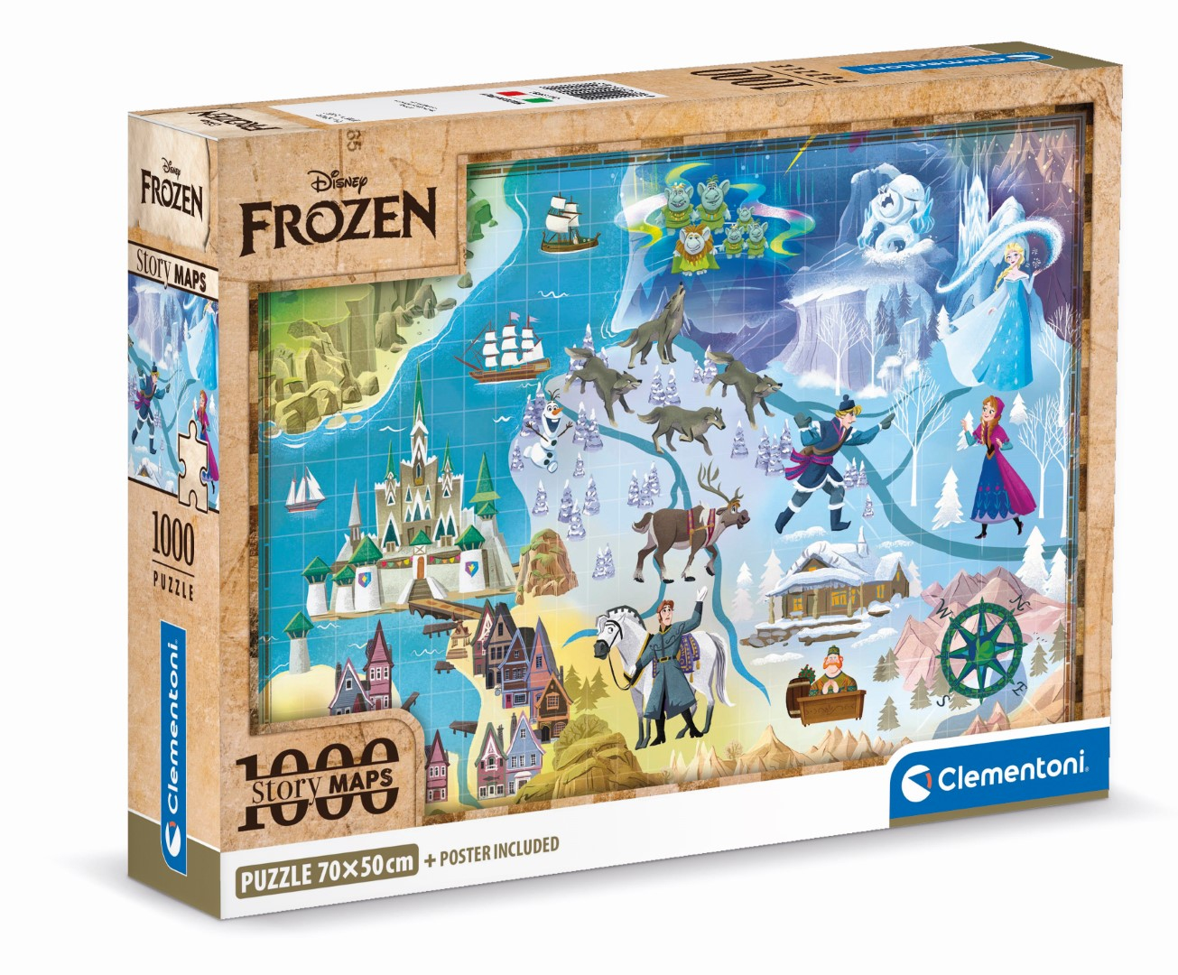 Pudełko z puzzlami Frozen przedstawiające mapę z postaciami i scenami z filmu, w tym Elsą, Anną i Olafem. To puzzle 1000 elementów.