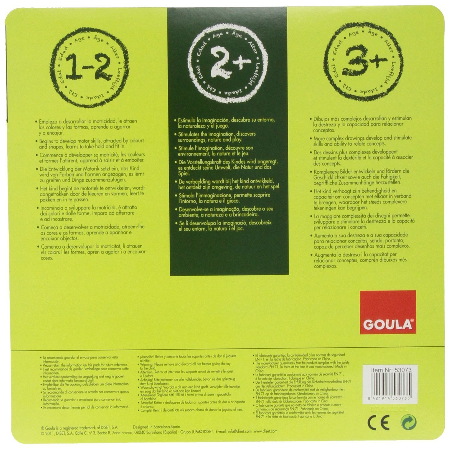 Caja con rangos de edad 1-2, 2+ y 3+ con texto en varios idiomas y el logotipo de la marca.