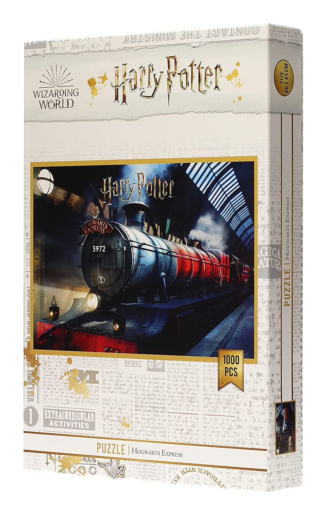 Harry Potter Puzzlebox. Das Bild zeigt den Hogwarts Express-Zug an einem Bahnhof. Die Schachtel hat auch das Logo von Wizarding World.