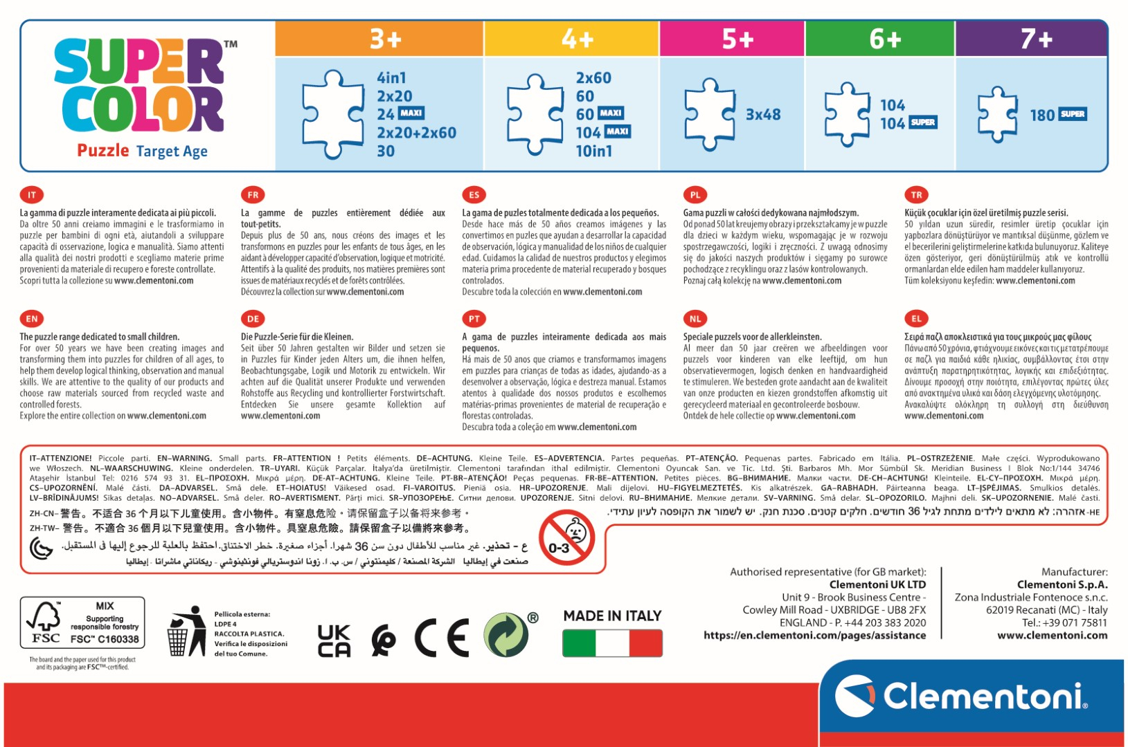 Pudełko z puzzlami o kolorowym designie, tekstem i obrazami puzzli. Na pudełku wskazano różne przedziały wiekowe.