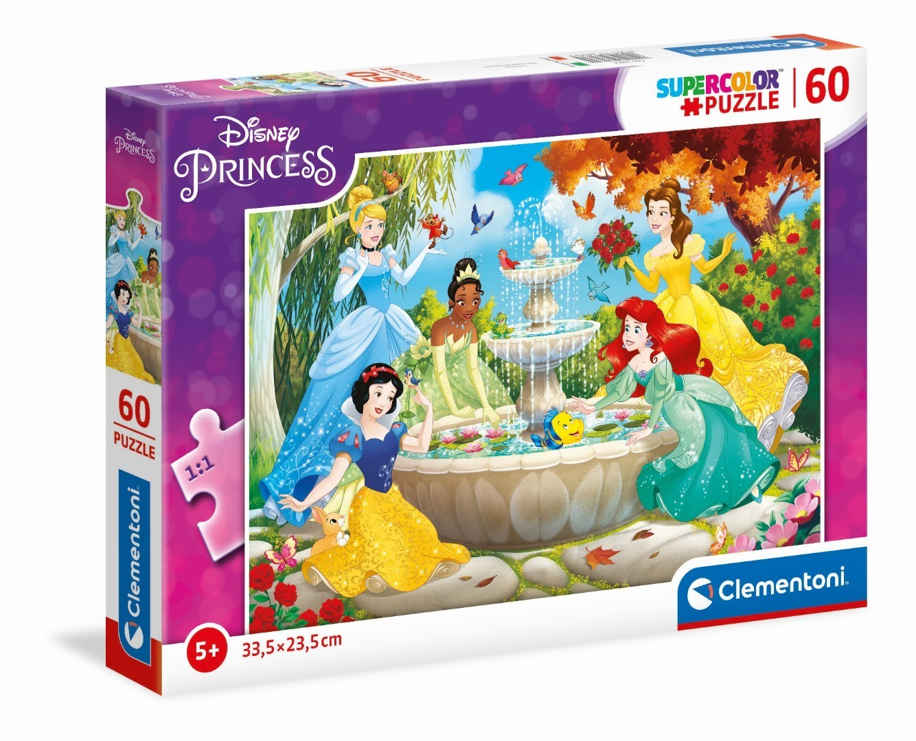 Puzzle box featuring Disney Princesses around a fountain. Includes Snow White, Cinderella, Ariel, and others in a garden setting.